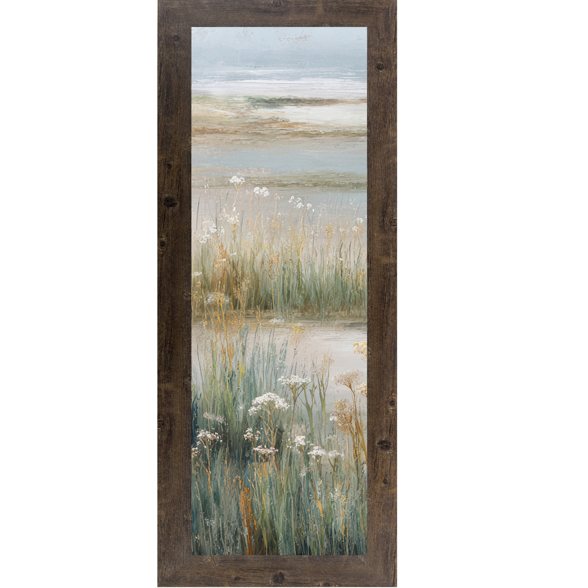Natural brown framed narrow portrait coastal marsh wall art with dense teal marsh grasses white Queen Anne's Lace wildflowers and misty tidal flat — left panel of coastal triptych