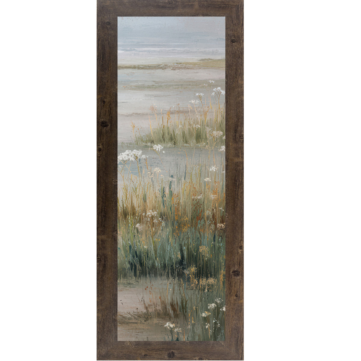 Natural brown framed narrow portrait coastal marsh wall art with deep teal marsh grasses golden wildflowers white Queen Anne's Lace and misty tidal flat — right panel of coastal triptych