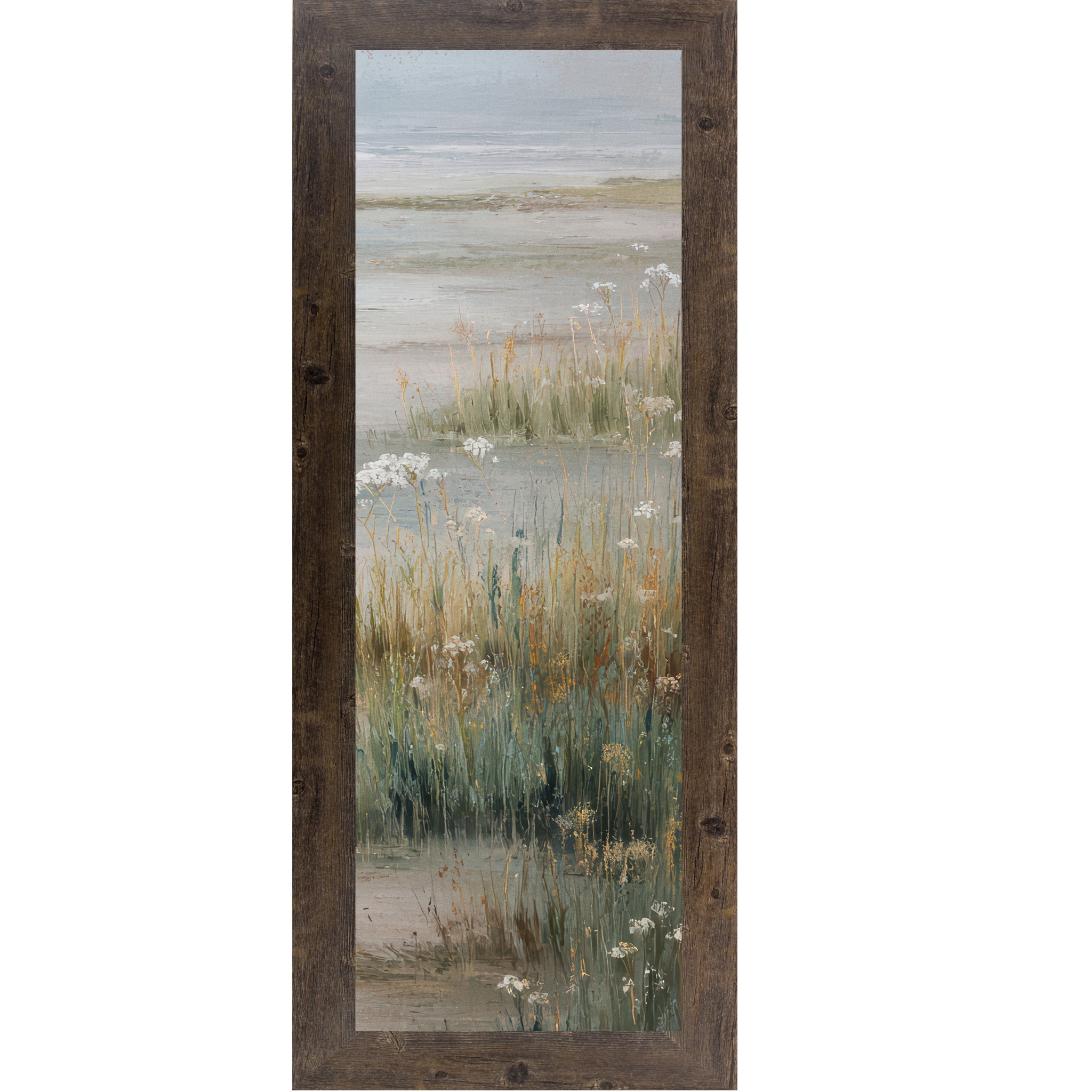 Natural brown framed narrow portrait coastal marsh wall art with deep teal marsh grasses golden wildflowers white Queen Anne's Lace and misty tidal flat — right panel of coastal triptych