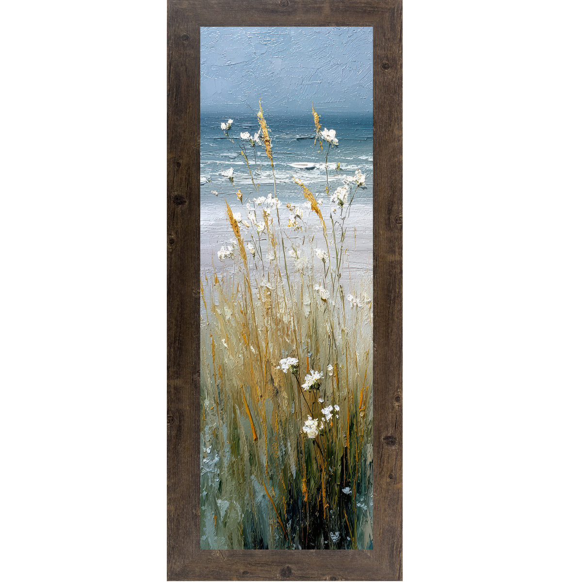Natural brown framed narrow portrait coastal path center panel wall art featuring golden cattails and white wildflowers against a stormy teal ocean and heavy blue gray sky with no path visible
