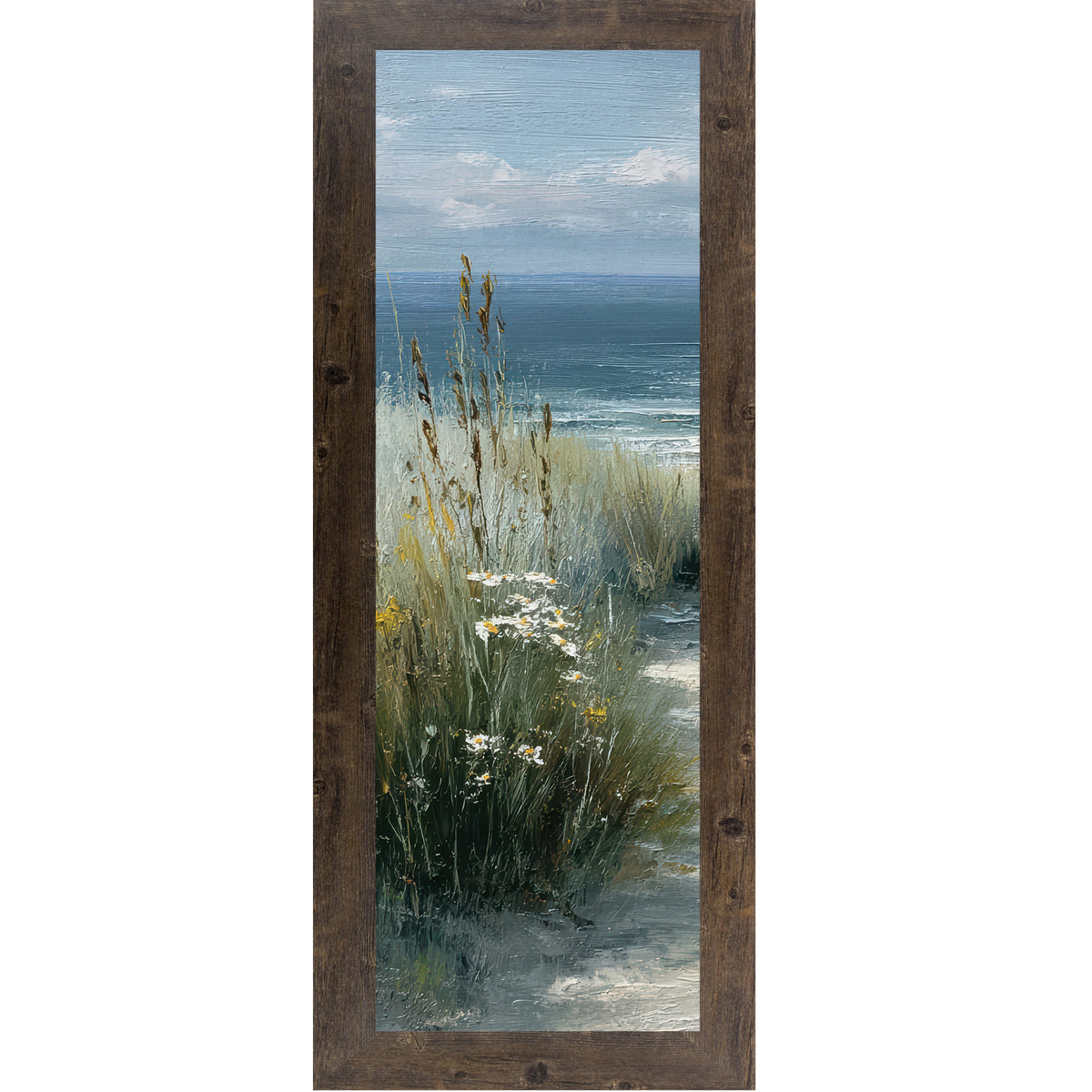 Natural brown framed narrow portrait coastal path left panel wall art featuring tall golden cattails and sea grasses with white daisies and yellow wildflowers and deep teal ocean in the distance
