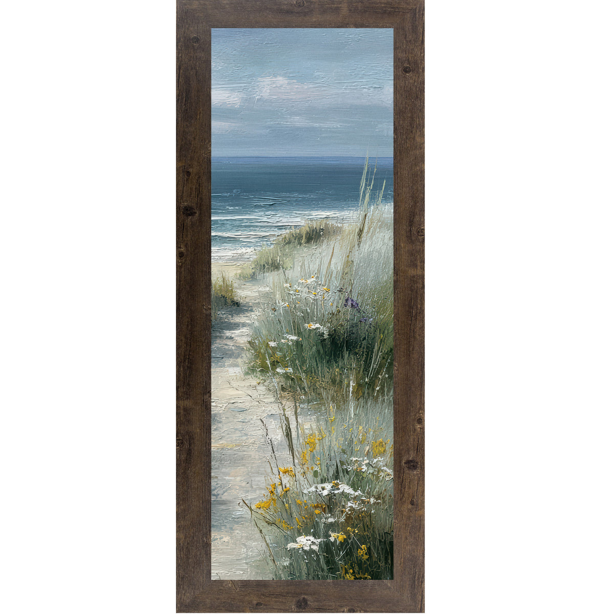 Natural brown framed narrow portrait coastal path right panel wall art featuring a sandy beach path curving right through sea grasses with yellow wildflowers and calm teal ocean under a bright sky