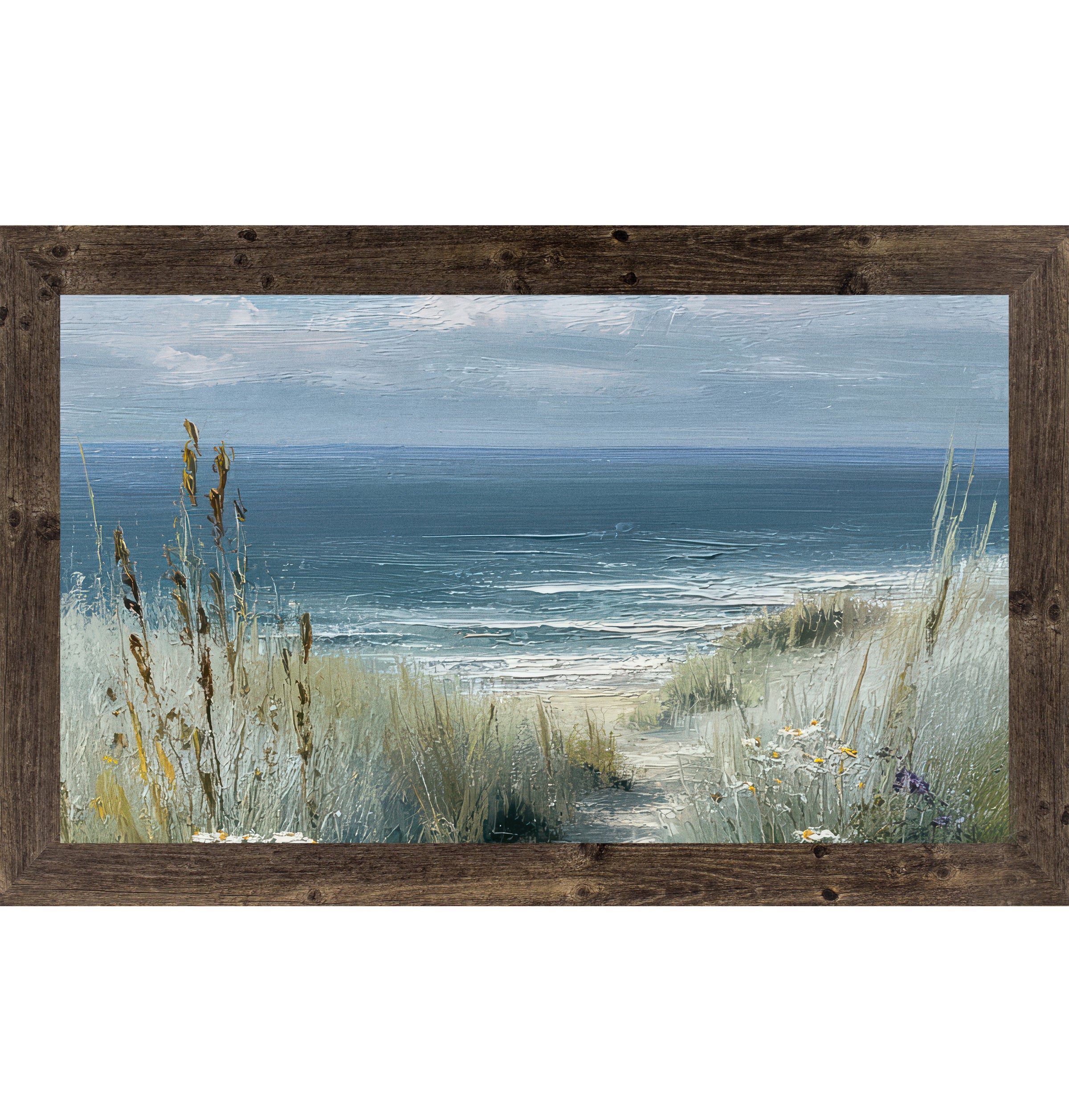 Natural brown framed wide landscape coastal path wall art featuring golden cattails and sea grasses with white and yellow wildflowers framing a sandy beach path leading to deep teal ocean under a soft blue gray sky