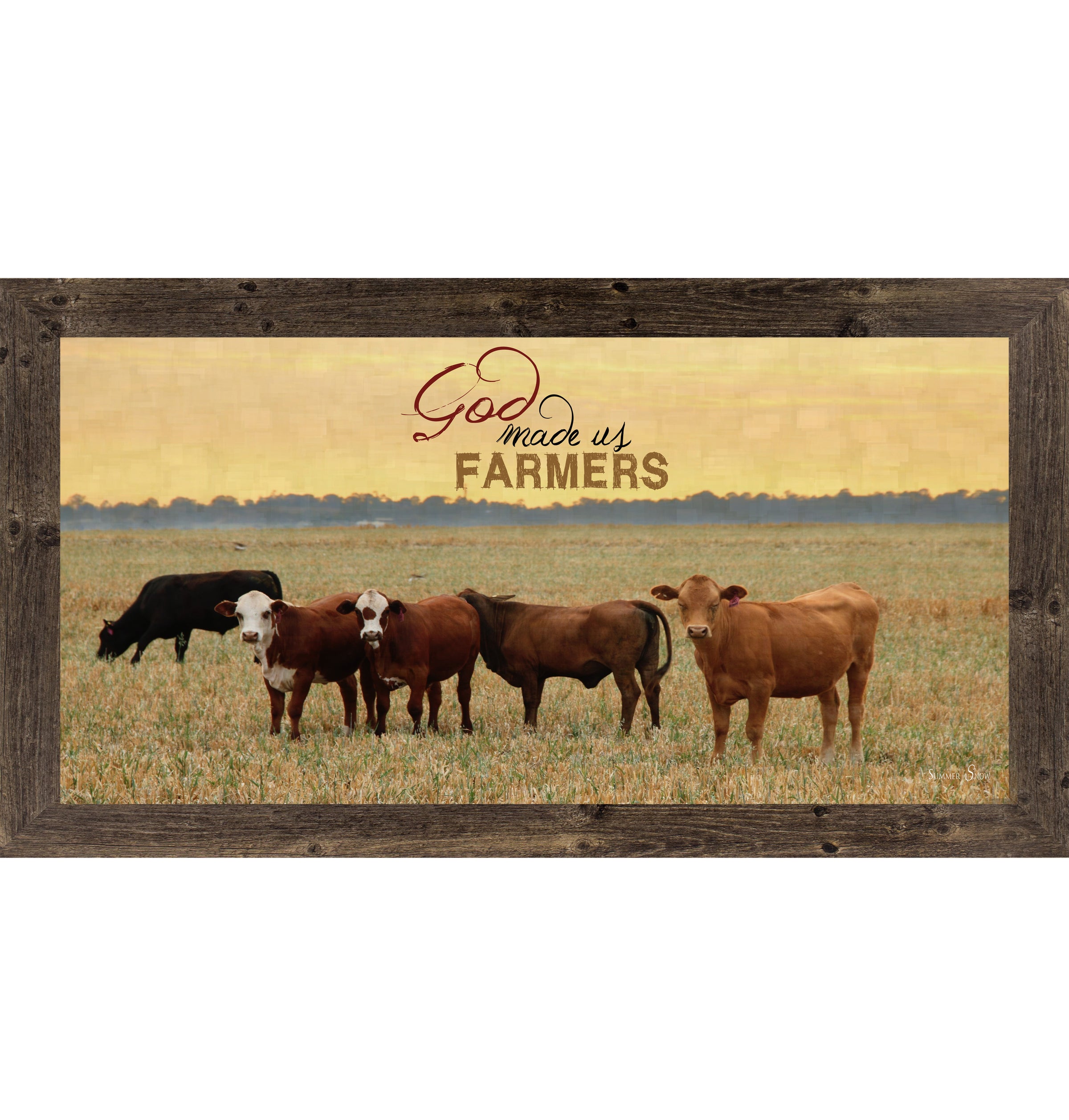 Natural Brown framed wide panoramic farmhouse wall art featuring cattle grazing in a golden sunset field with pallet wood background and the words God Made Us Farmers
