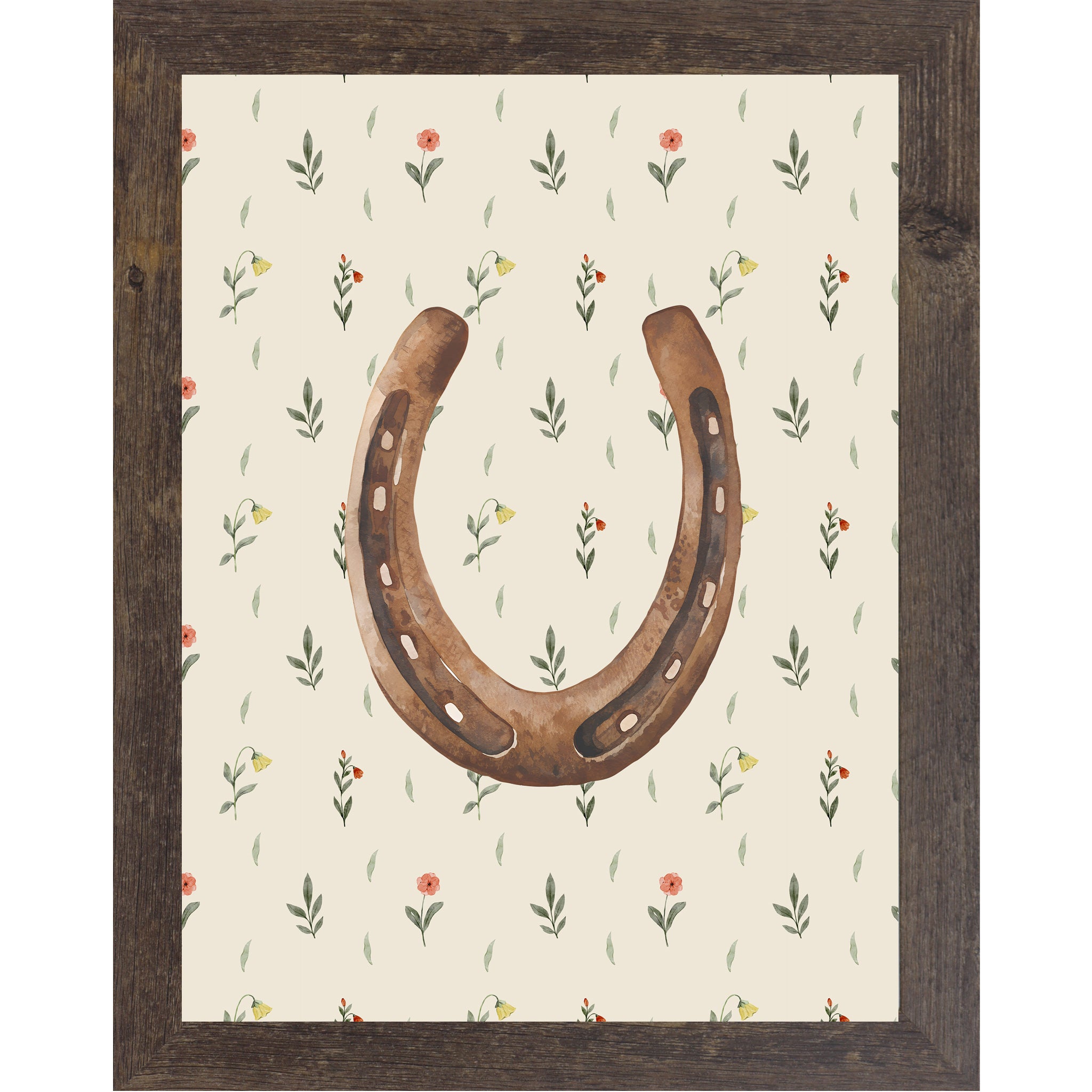 Natural brown framed portrait horseshoe wall art with warm brown watercolor horseshoe open end up on soft cream scattered wildflower floral background — western cowgirl good luck decor