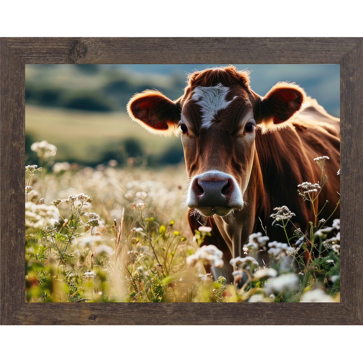 Natural Brown framed horizontal farmhouse wall art featuring a close-up Jersey cow surrounded by white wildflowers in a sunny meadow with rolling green hills