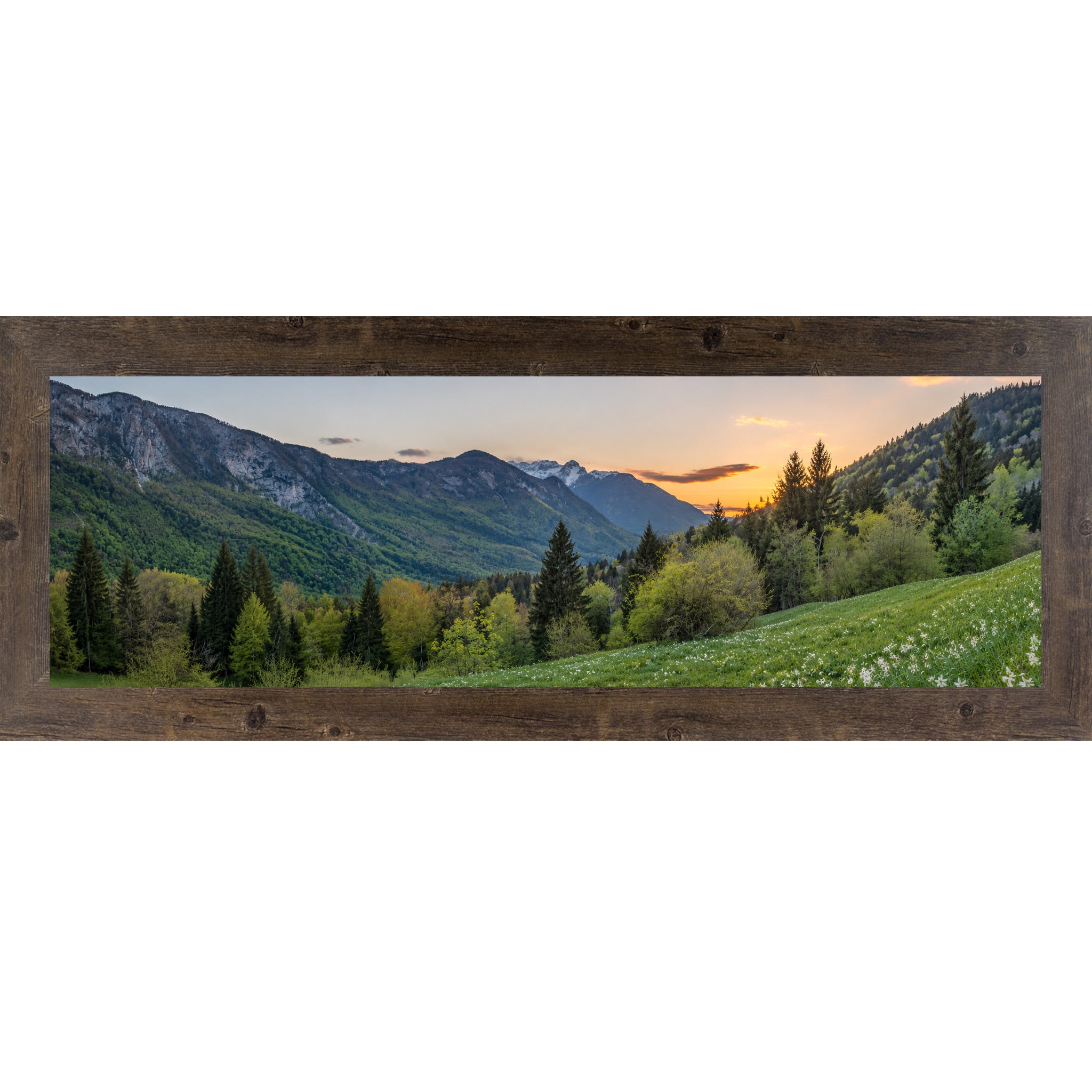 Natural Brown framed wide panoramic nature wall art featuring a mountain valley at sunset with snow-capped peaks evergreen forest and white wildflower meadow in the foreground