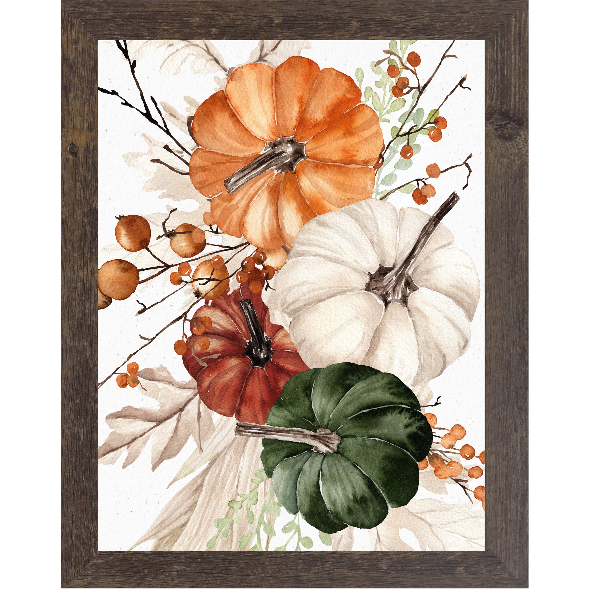 Natural Brown framed portrait fall wall art featuring watercolor orange white burgundy and green pumpkins with dried berries and neutral foliage — Pumpkin Bouquet SB252 right panel