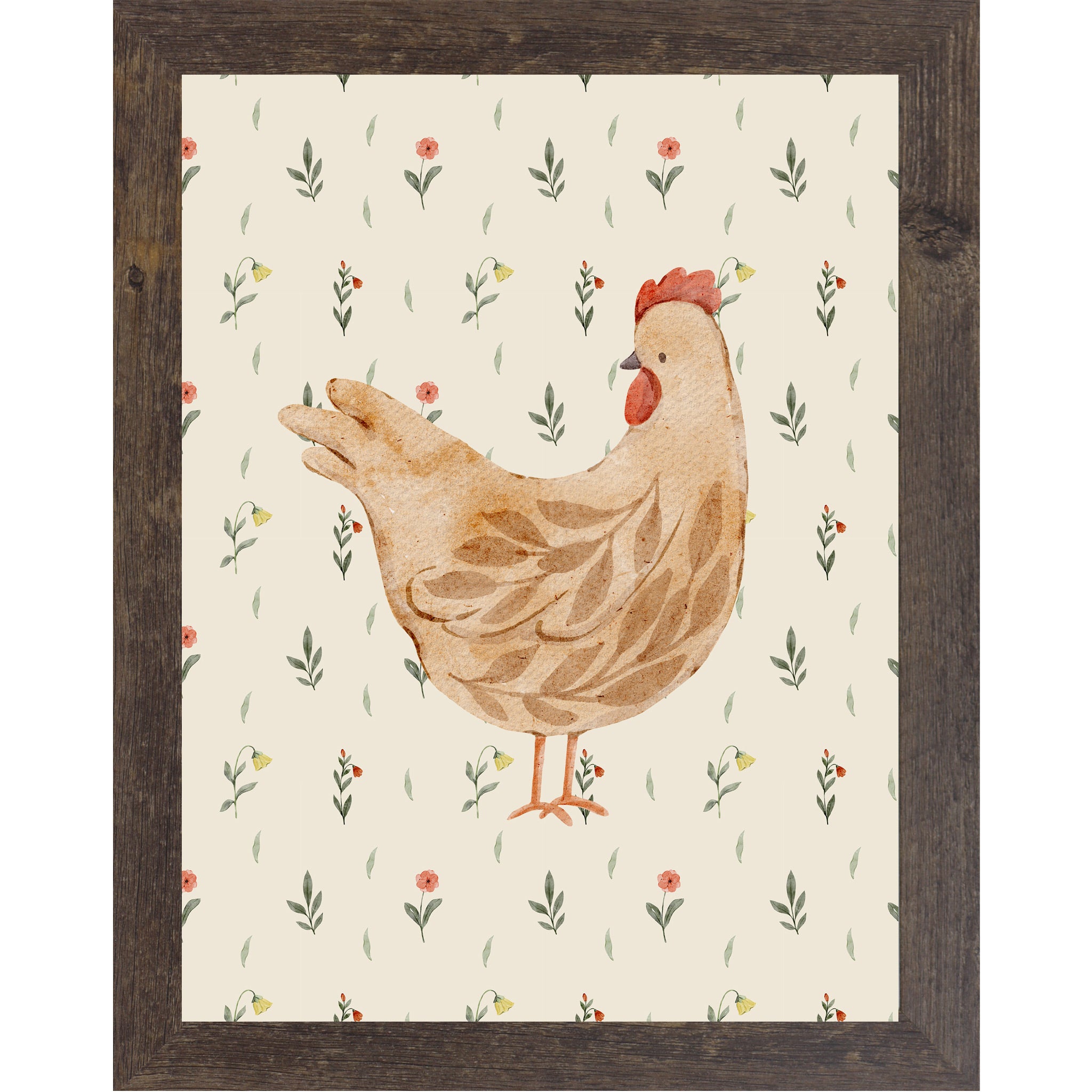 Natural Brown framed vertical farmhouse wall art featuring a soft cream watercolor hen left-facing with botanical leaf body pattern on a cream background with tiny red wildflowers and green leaves