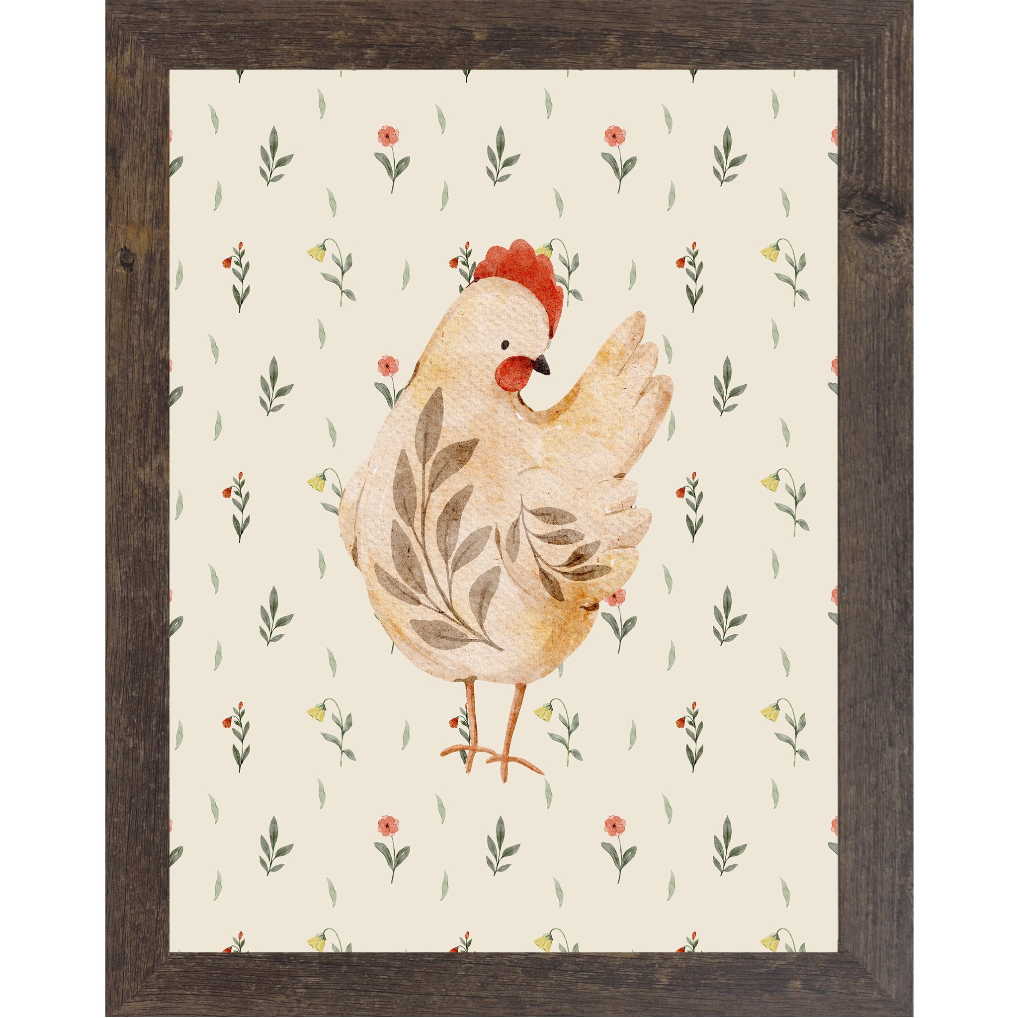 Natural Brown framed vertical farmhouse wall art featuring a warm golden-brown watercolor hen right-facing on a cream background with tiny red wildflowers and green leaves