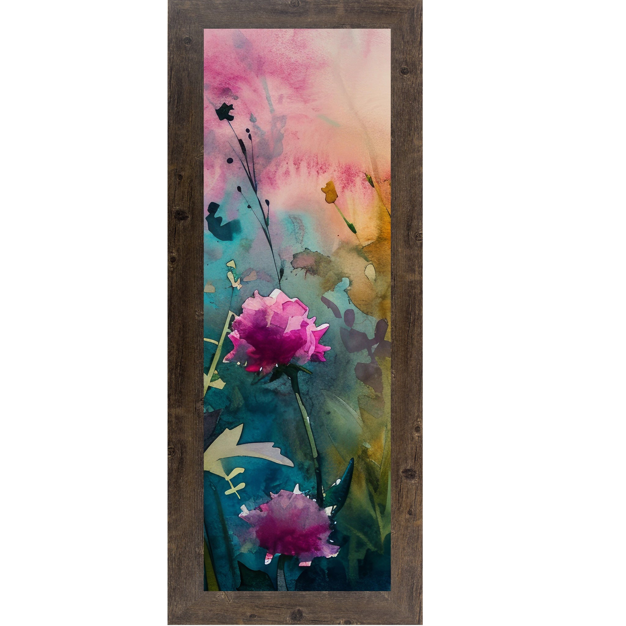 Natural brown framed narrow portrait watercolor wildflower wall art with a large open magenta peony against a hot pink teal and orange background with dramatic ink-style stems