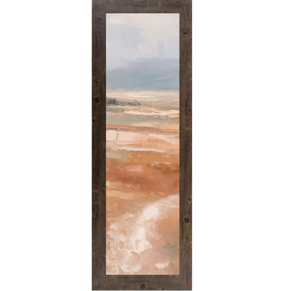Natural brown framed narrow portrait abstract terracotta landscape wall art with soft peach and blush field pale lavender sky and single tree on right edge