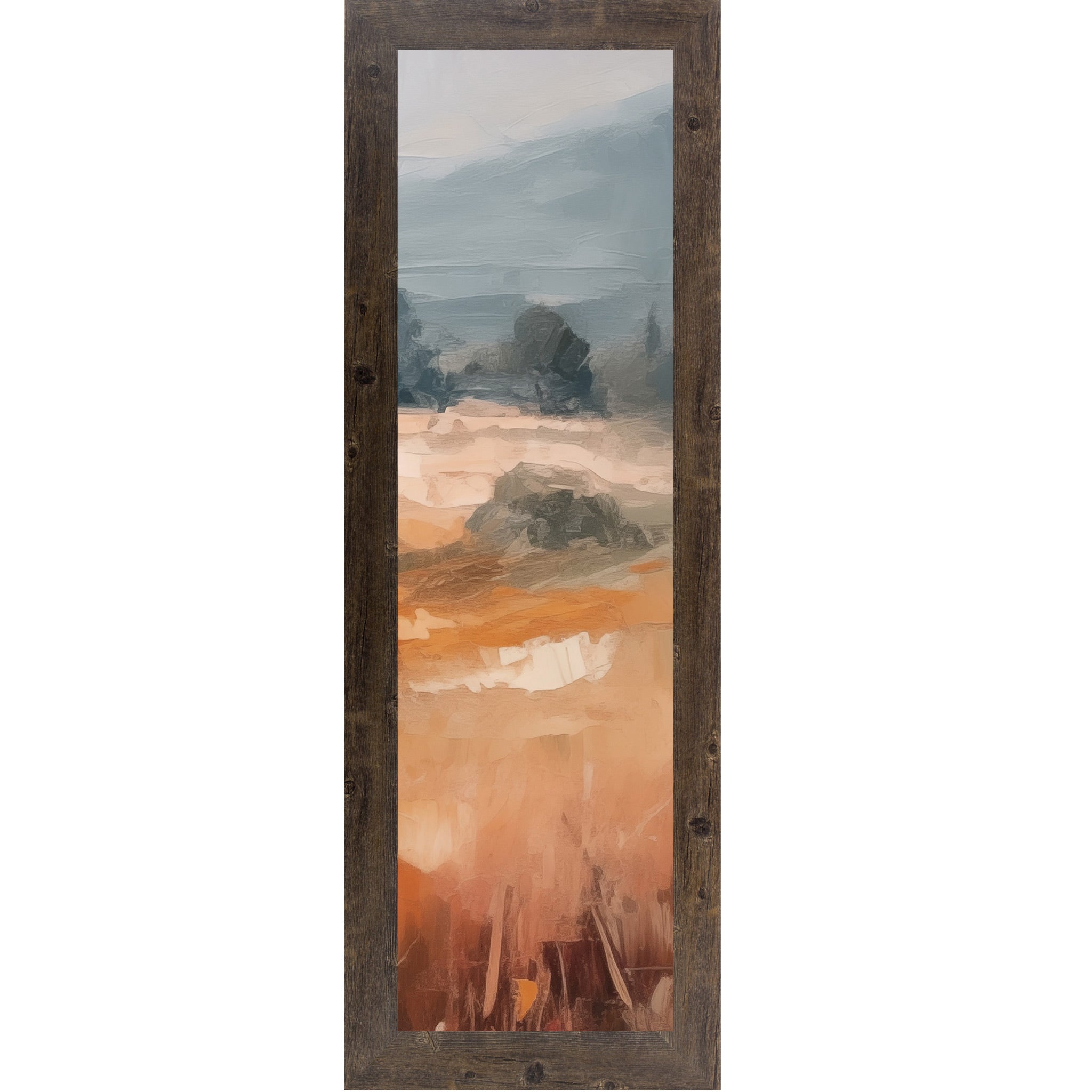 Natural brown framed narrow portrait abstract terracotta landscape wall art with rich amber and orange field dark trees in midground and dramatic blue-grey sky