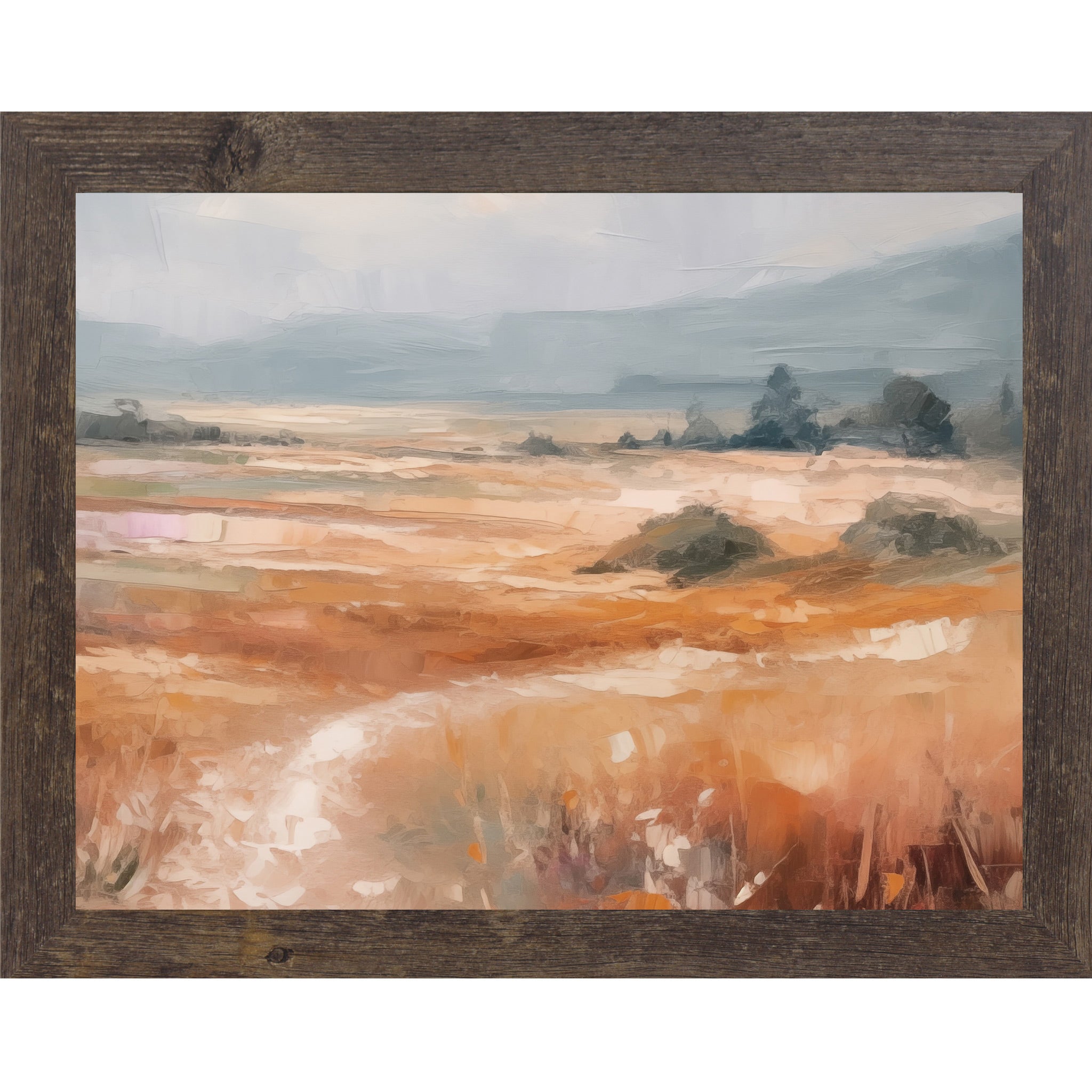 Natural Brown framed landscape abstract terracotta wall art with warm amber and orange field dark trees in midground and dramatic blue-grey sky with bold expressive brushwork