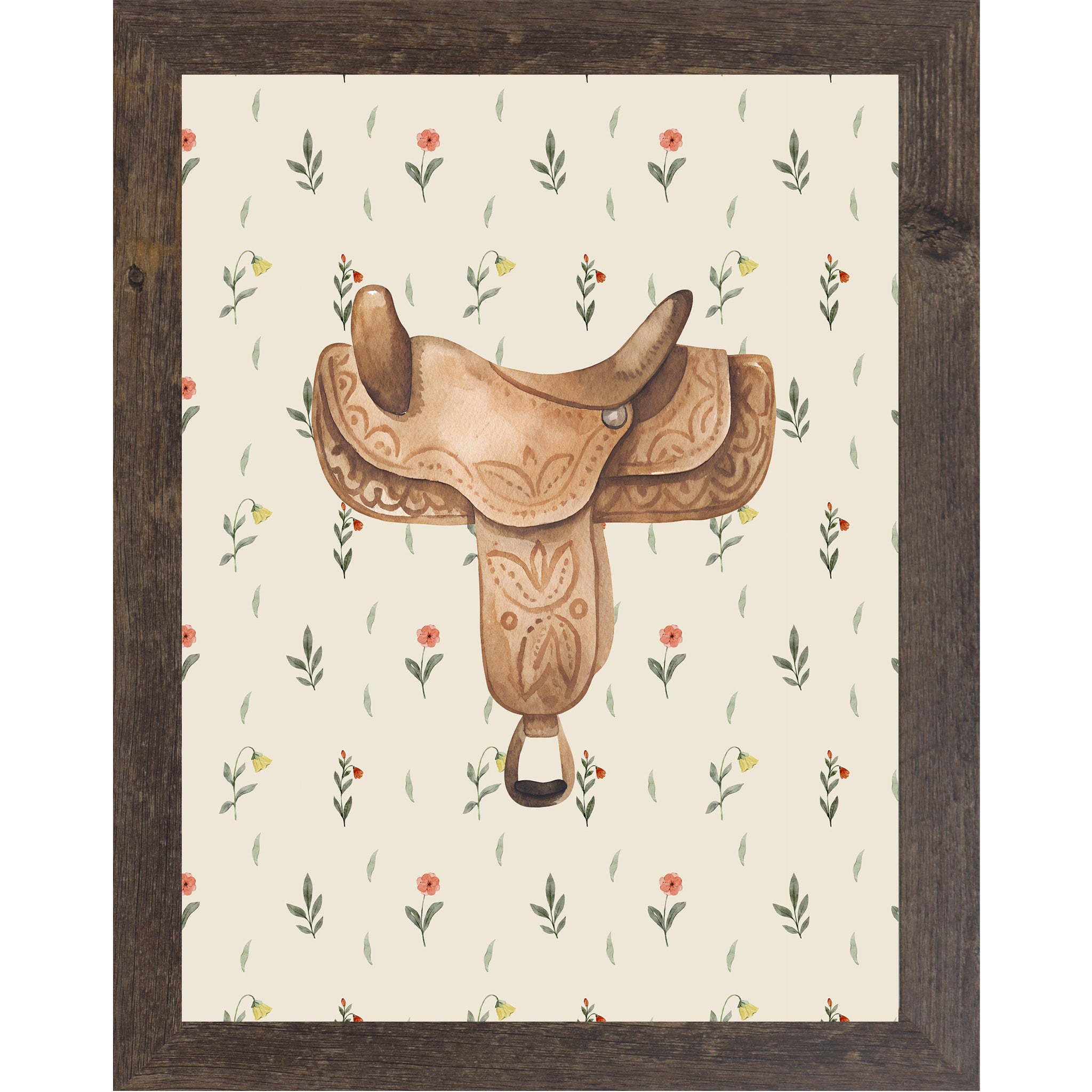 Natural brown framed portrait western saddle wall art with detailed watercolor tooled leather saddle centered on soft cream scattered wildflower floral background — equestrian cowgirl decor