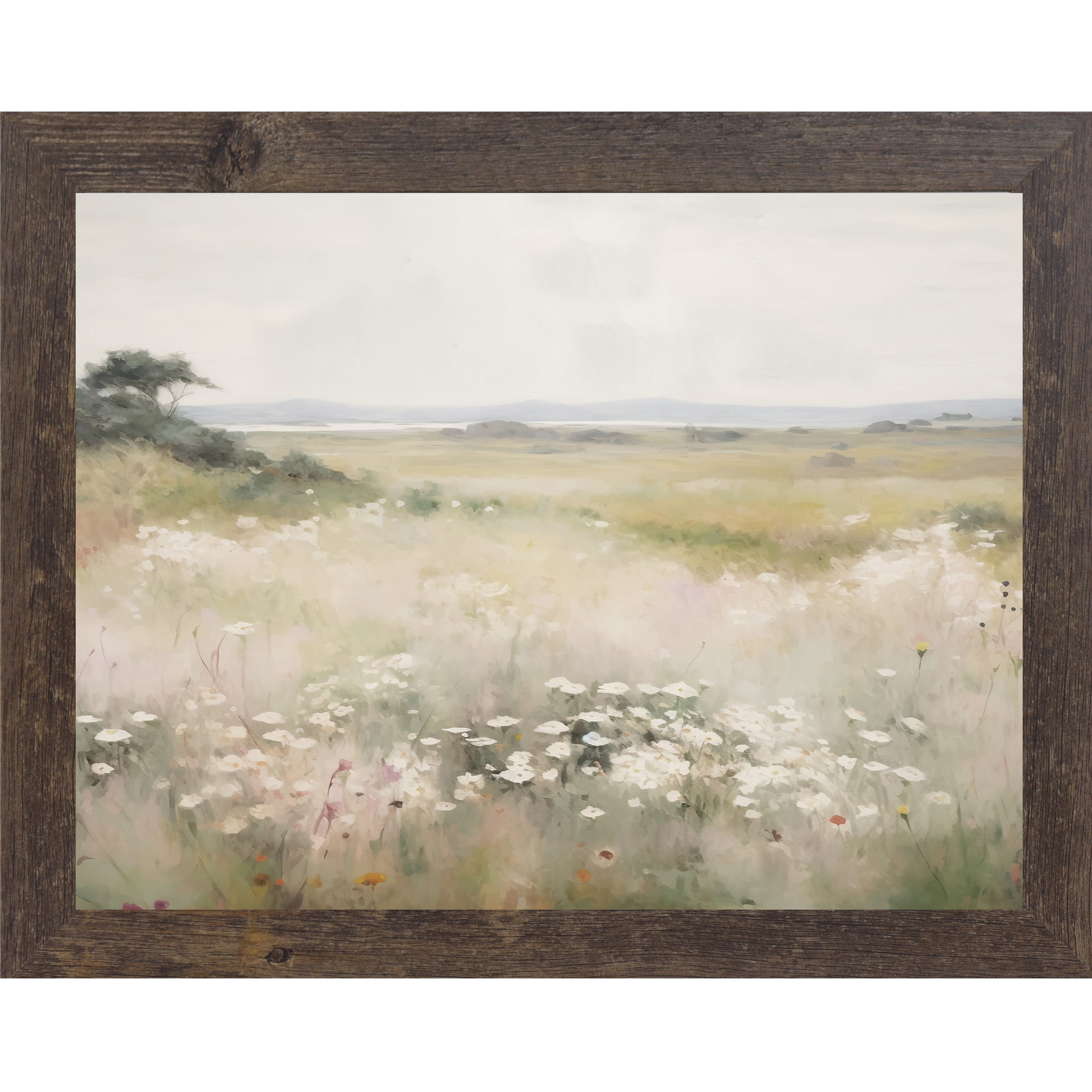 Natural brown framed landscape watercolor wildflower meadow wall art with white blooms soft grasses golden fields and distant coastal bay under pearl grey sky — neutral floral scenic decor