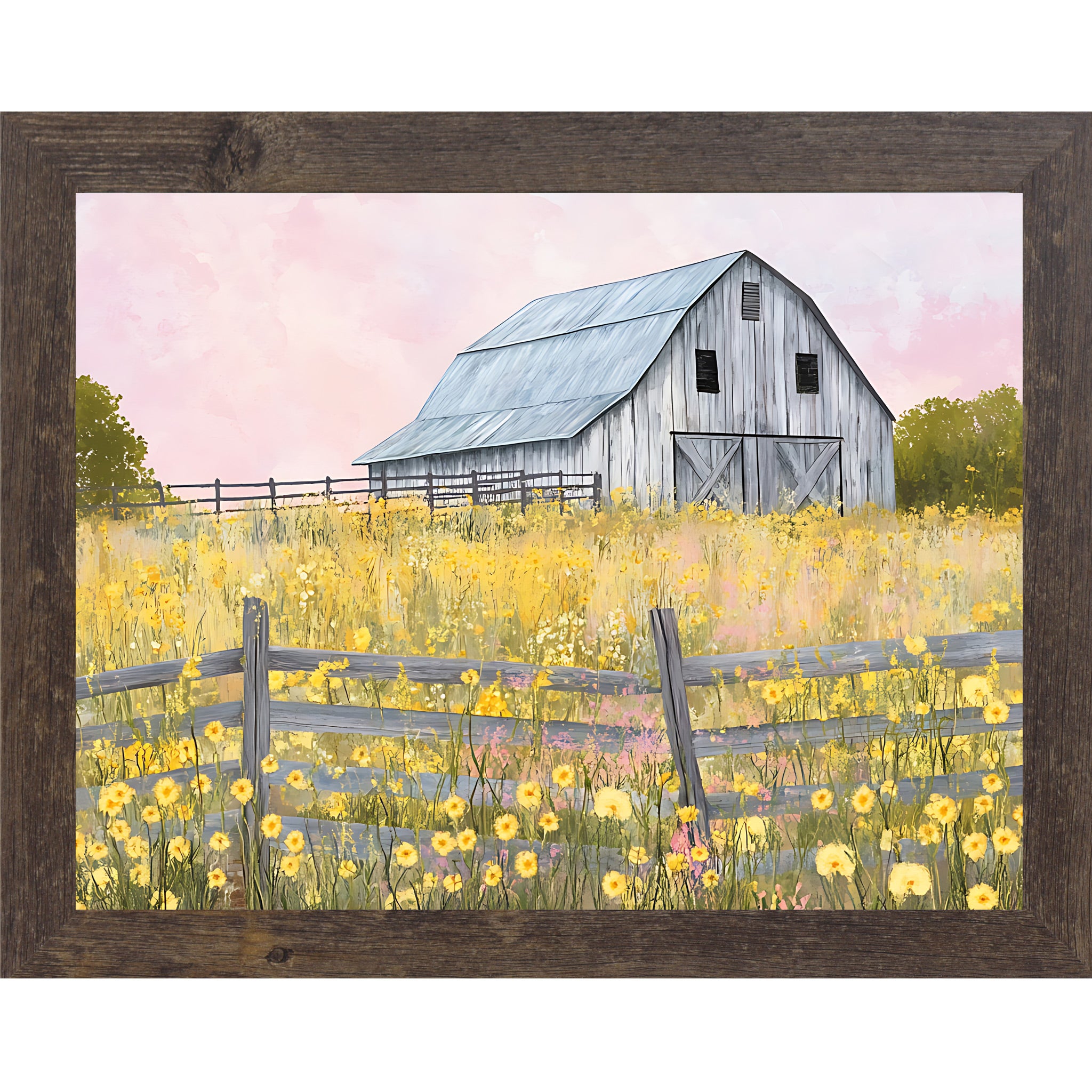 Natural brown framed landscape farmhouse wall art featuring a watercolor gray barn in a yellow wildflower meadow with split rail fence green trees and soft pink sky — Yellow Wildflower Barn SB253