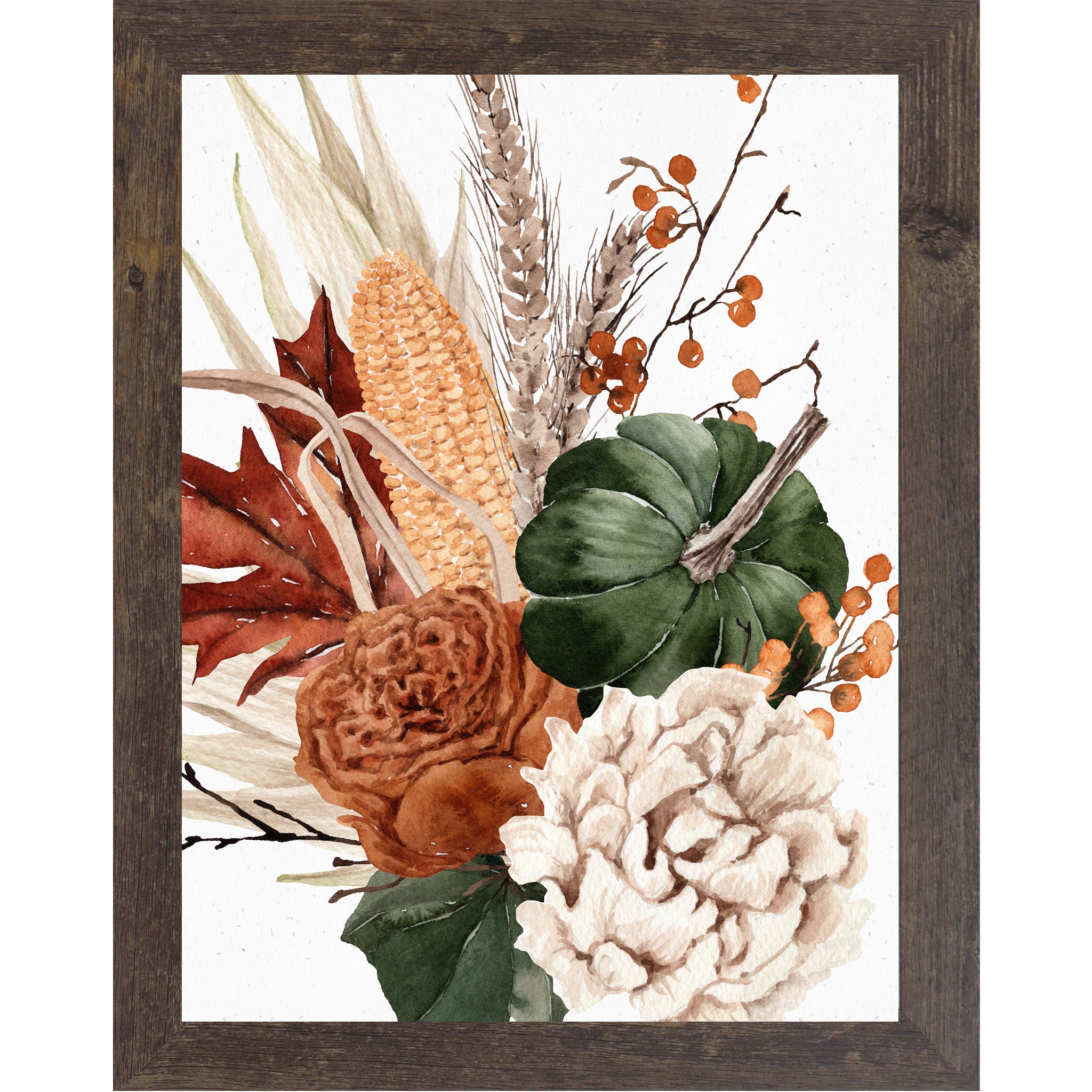 Natural brown framed portrait harvest wall art featuring watercolor green pumpkin corn wheat crimson maple leaf burnt orange and cream peonies with orange berries — Harvest Bouquet SB251 left panel