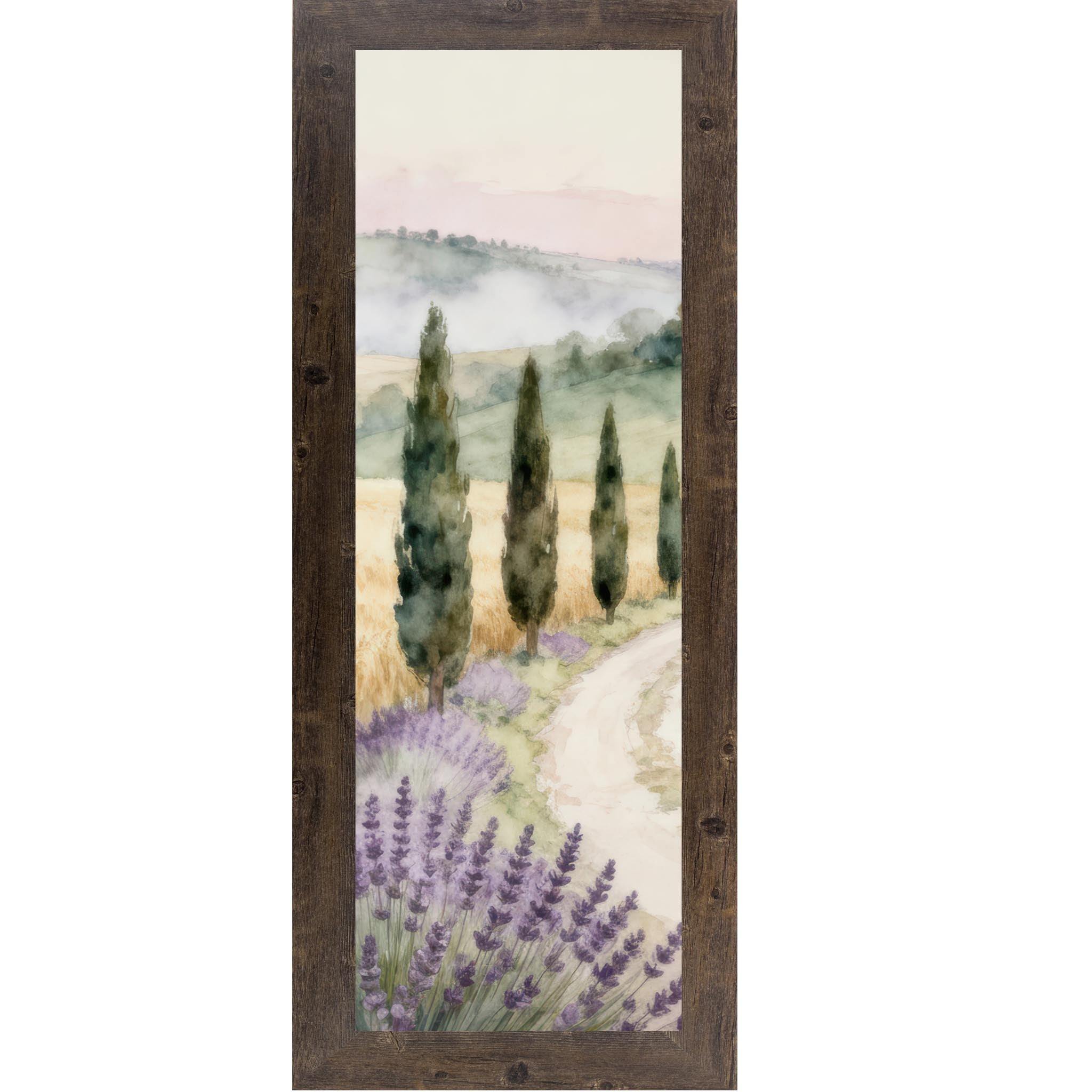 Natural brown framed narrow portrait Tuscan watercolor wall art with lavender foreground cypress trees winding path and misty golden fields — Italian countryside slim vertical decor