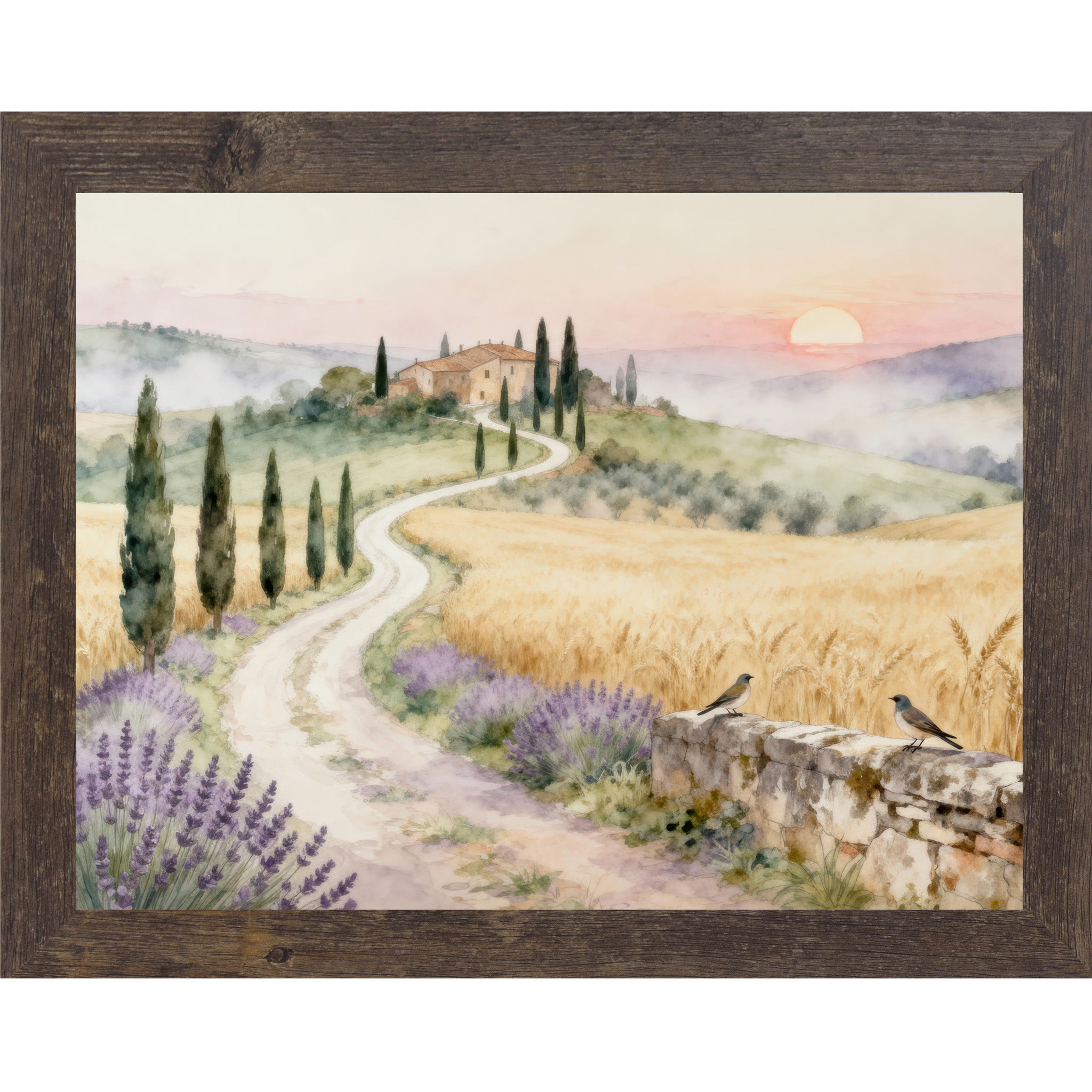 Natural brown framed landscape Tuscan watercolor wall art with winding road cypress trees lavender fields and villa at sunrise with two bluebirds on stone wall — triptych center piece