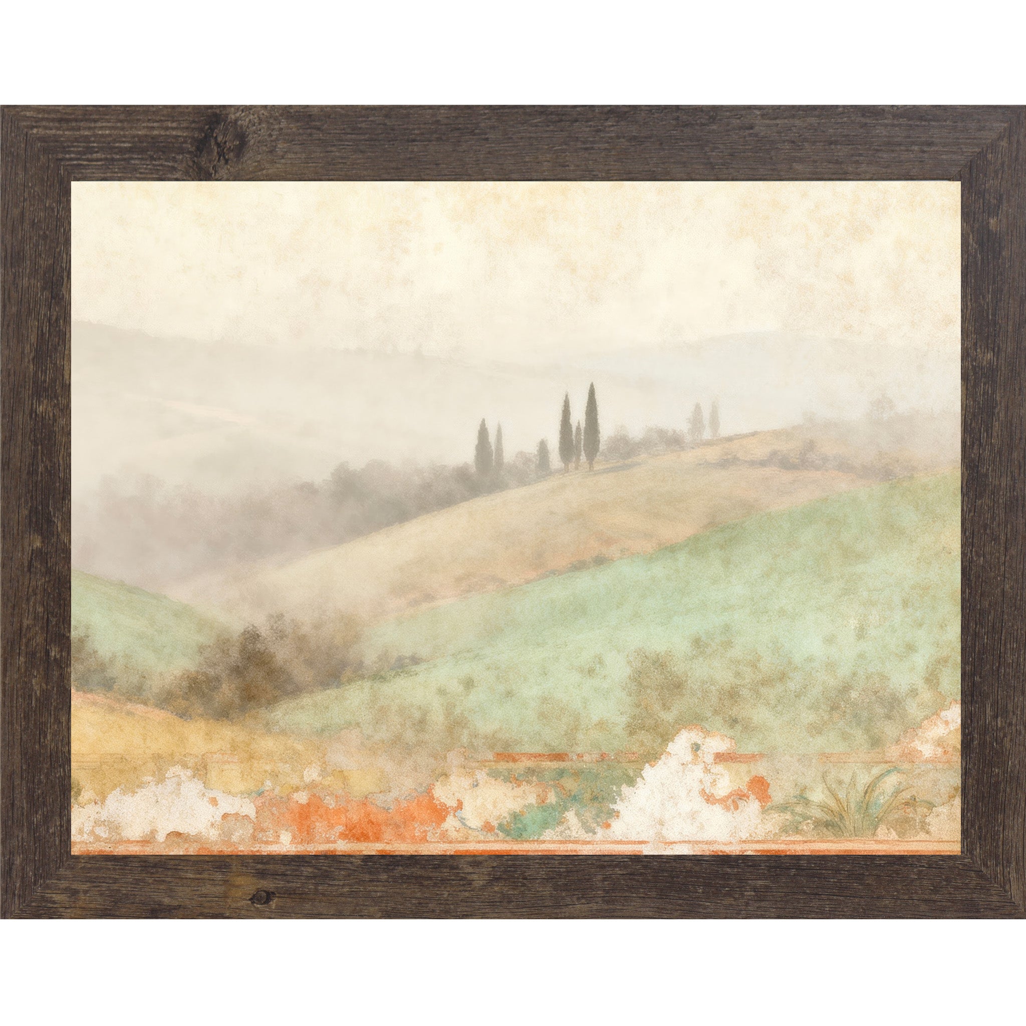 Natural brown framed landscape Tuscan wall art with misty valley rolling sage hills and cypress trees with distressed fresco botanical border — Italian countryside companion piece