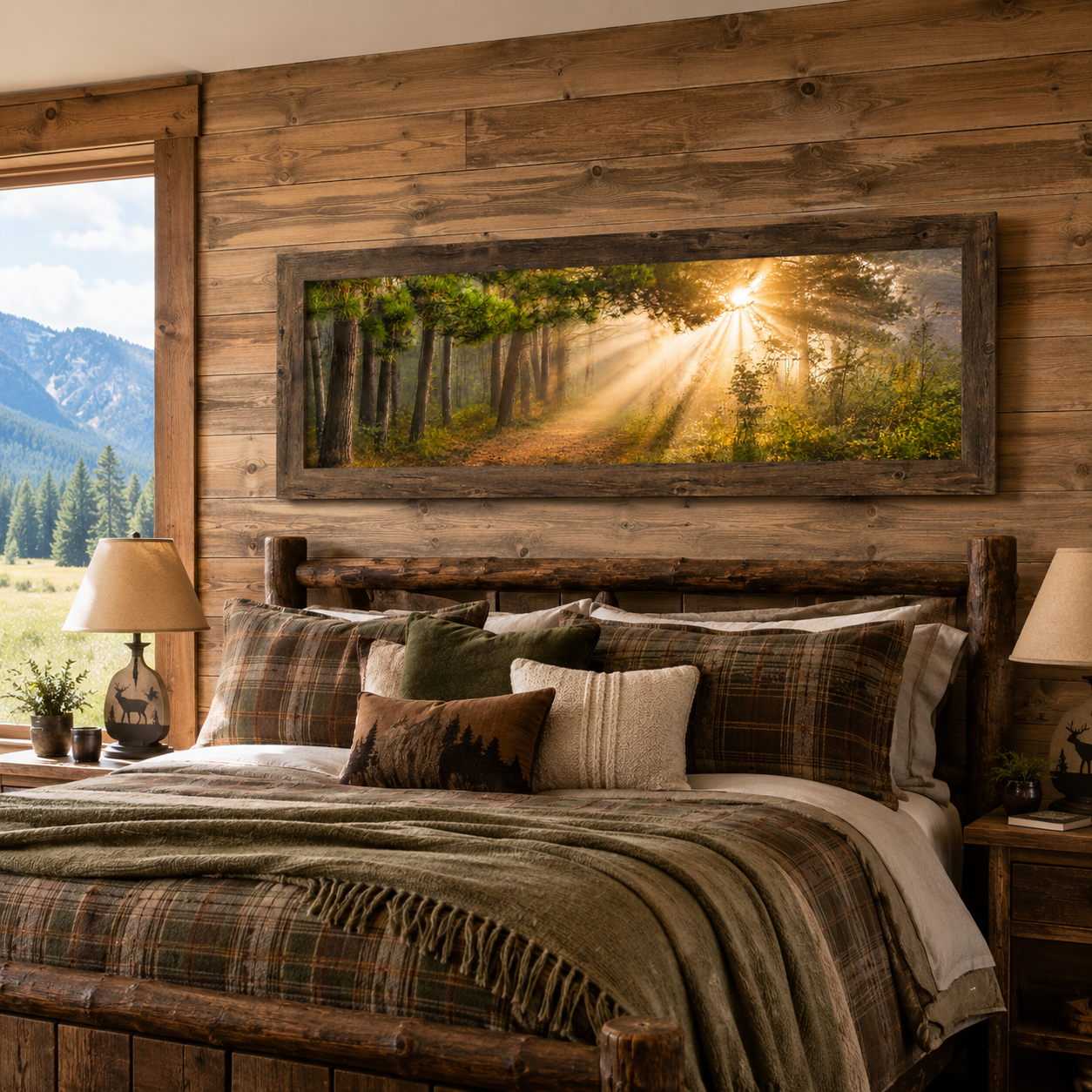 Natural brown framed wide panoramic forest light rays wall art featuring golden sunlight bursting through misty pine canopy displayed as a large 40x14 statement piece above a log headboard in an authentic mountain cabin bedroom with plaid bedding deer lamp and mountain meadow view through the window