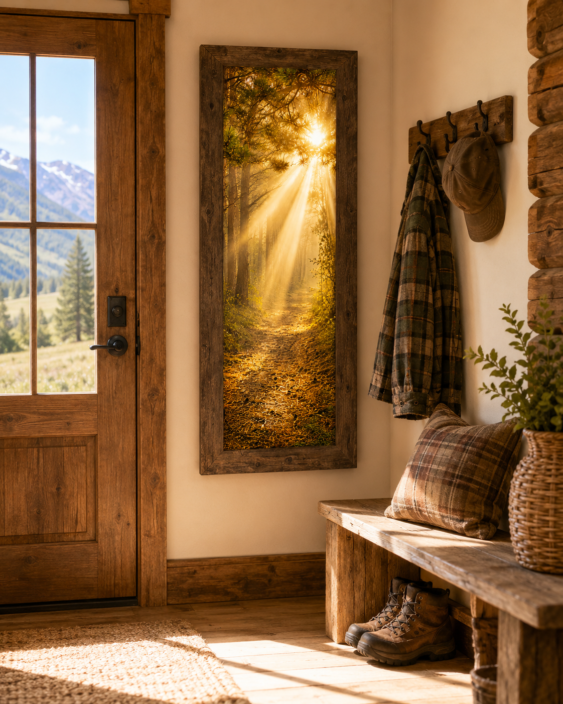 cccNatural brown framed tall narrow portrait forest light path wall art featuring golden sunlight rays streaming through pine canopy toward a glowing sun displayed as a 14x40 statement piece between a cabin front door and coat hooks in a mountain cabin entryway with plaid flannel hiking boots and alpine mountain view through the door window