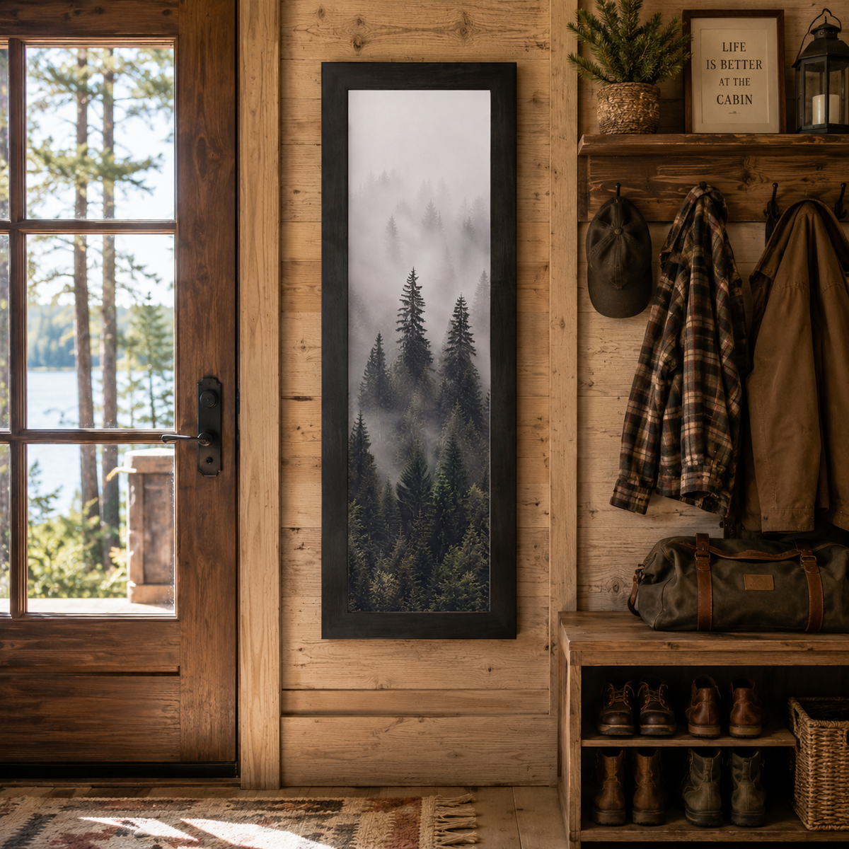 Black framed tall narrow portrait misty pine forest wall art displayed as a 14x40 statement piece between a cabin front door and coat hooks in an authentic log cabin mudroom entryway with flannel shirt hiking boots canvas duffel and lake view through the door window