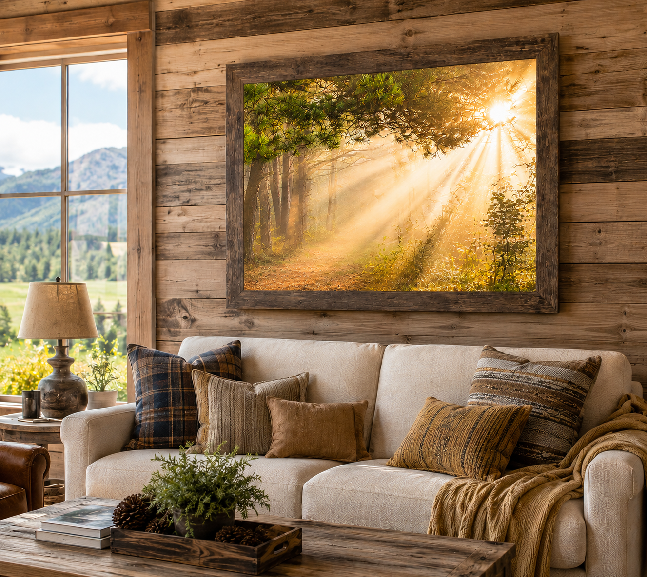 Natural brown framed horizontal forest light rays wall art featuring golden sunlight bursting through misty pine canopy displayed as a large 32x26 statement piece above a cream sofa in a mountain cabin living room with plaid pillows pine cone tray and mountain meadow view through the window