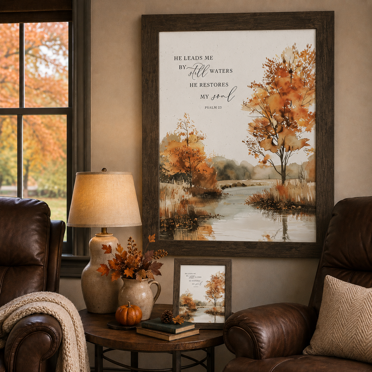 Natural brown framed He Leads Me By Still Waters Psalm 23 autumn fall wall art NS356 displayed large in cozy fall den beside leather armchairs with fall view through window — ceramic jug lamp fall branches pumpkin pine cone and easel back on side table — watercolor autumn still water scene with golden orange amber trees reflected in calm lake and Psalm 23 scripture typography