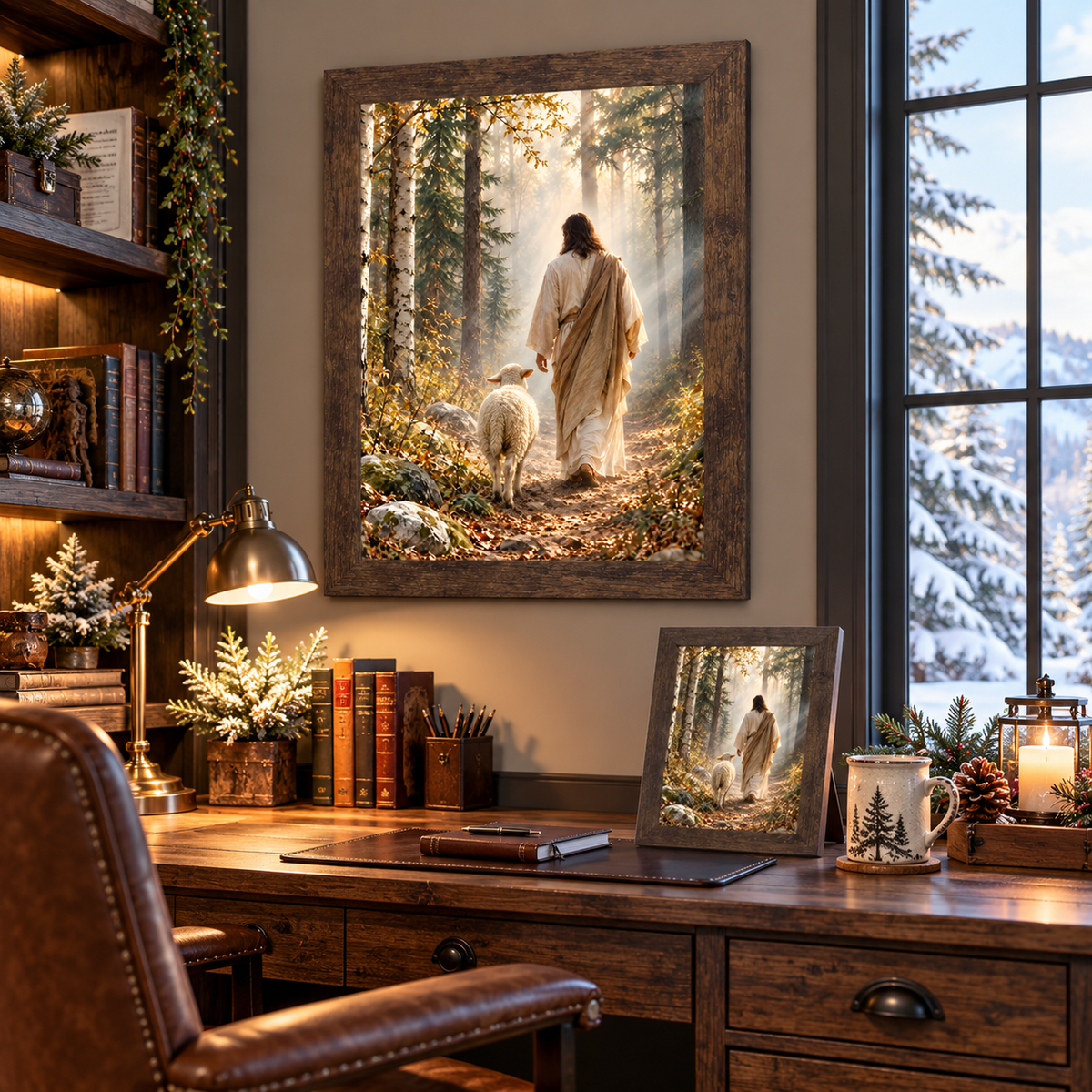 Natural brown framed Good Shepherd Christian wall art displayed above a rustic wooden desk in a cozy home office with bookshelves and a brass lamp, alongside a matching smaller piece on the desk beside a pine mug and lantern