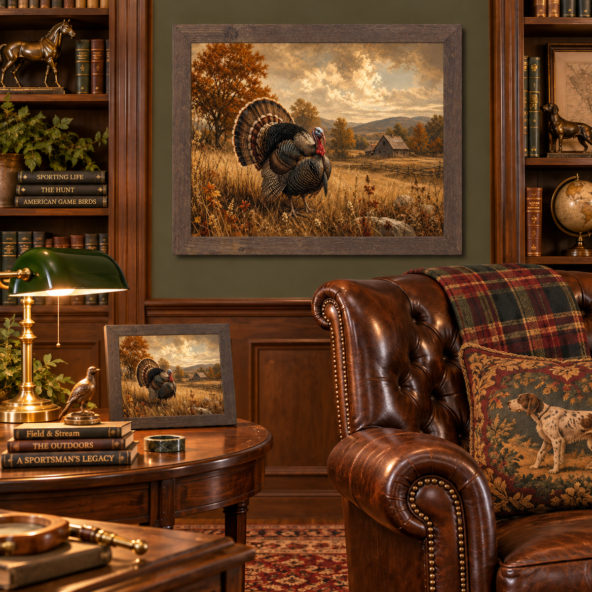 Natural brown framed vintage turkey sporting art displayed above a leather chesterfield chair in a traditional study with built-in bookshelves, a brass banker's lamp, sporting-themed books, and a matching smaller piece on a wood side table with a bird figurine