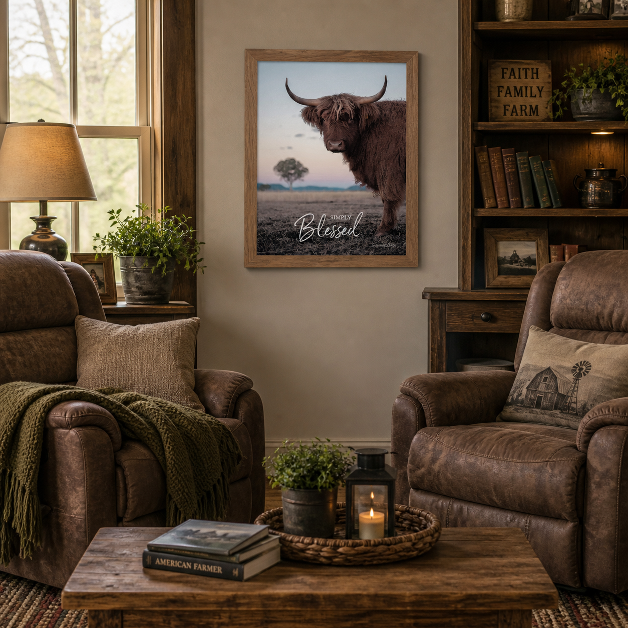 Farmtable framed vertical farmhouse portrait wall art featuring a Highland cow at twilight with Simply Blessed displayed in a cozy farmhouse living room with leather recliners Faith Family Farm sign on bookshelf and American Farmer book on coffee table