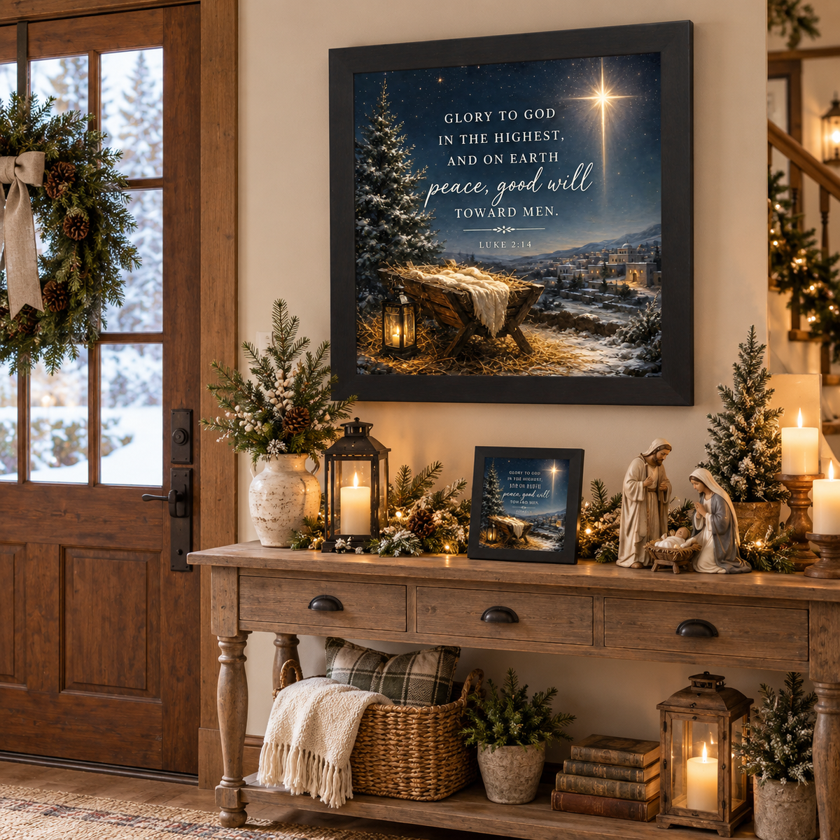 "Glory to God in the Highest framed nativity art in a black frame displayed on an entryway console table beside a nativity figurine set and lanterns"
