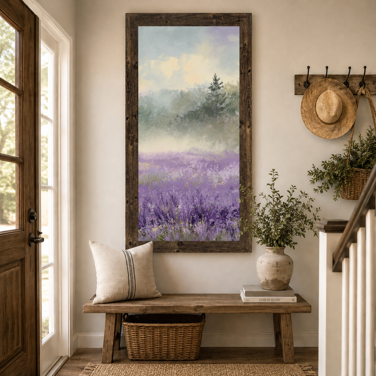 Farmhouse entryway with Lavender Field Right Panel wall art SB747 in a natural brown tall portrait frame above a wooden bench — misty purple lavender wildflower field with single dark evergreen tree and warm golden sky