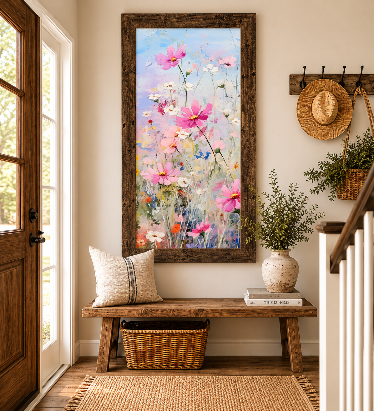 Farmhouse entryway with Cosmos Meadow Left Panel wall art SB728 in a natural brown tall portrait frame above a wooden bench — impressionist pink magenta and white cosmos wildflowers on soft blue sky