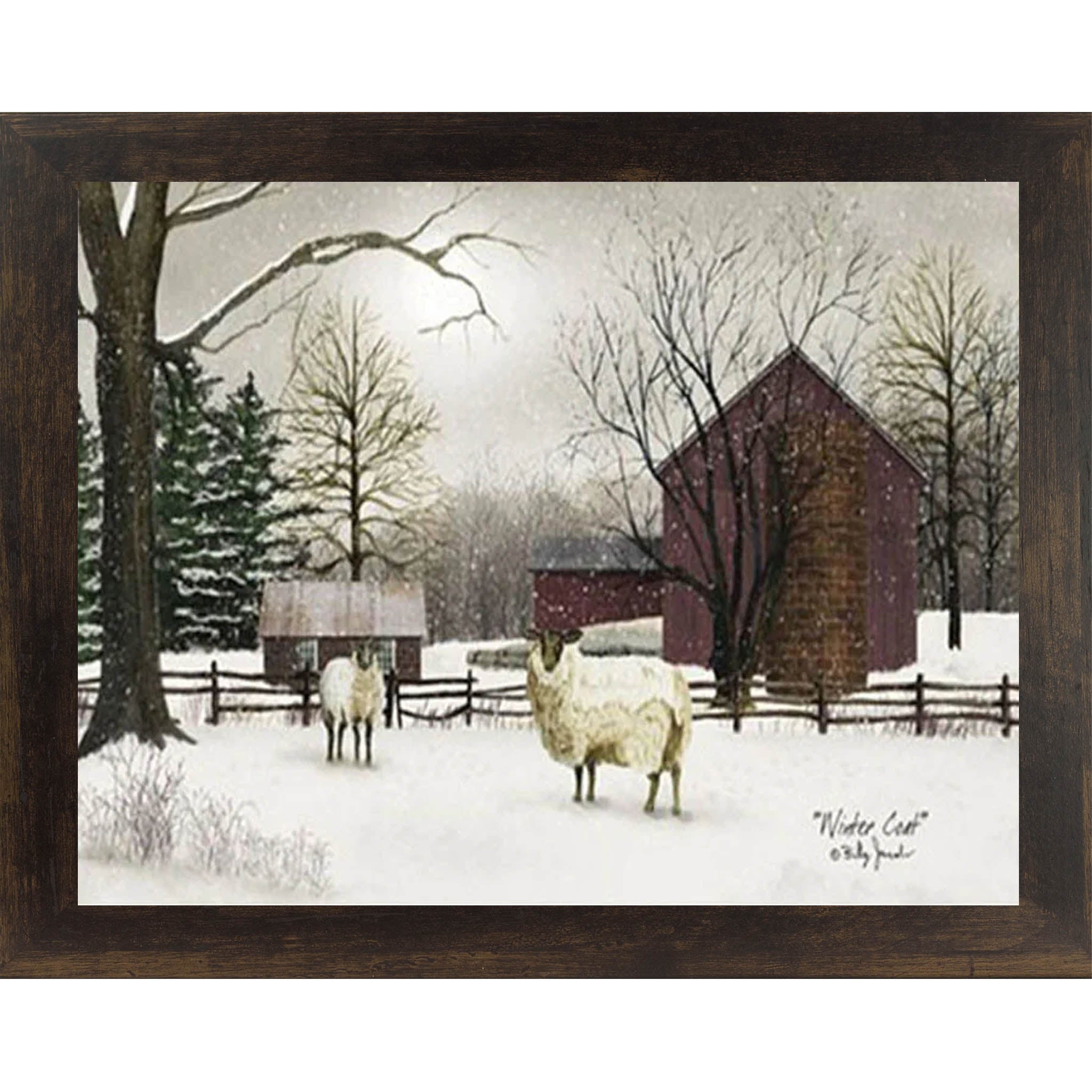Winter Coat by Artist Billy Jacobs – Winter Farm Barn Framed Wall Art with Sheep (BJ185) - Summer Snow Art