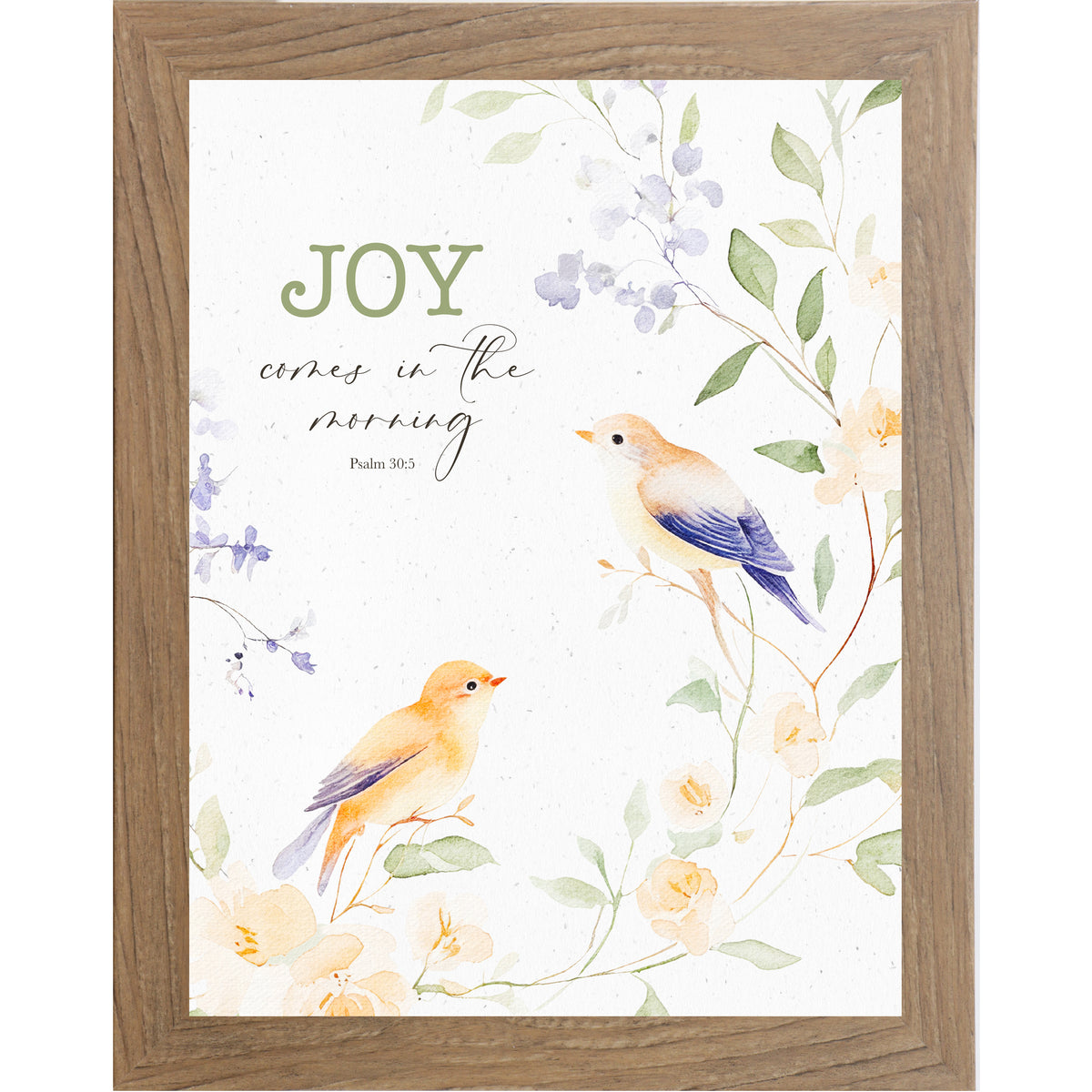Farmtable color Framed watercolor wall art featuring two small birds perched among floral branches with the scripture “Joy Comes in the Morning – Psalm 30:5” on a neutral textured background.