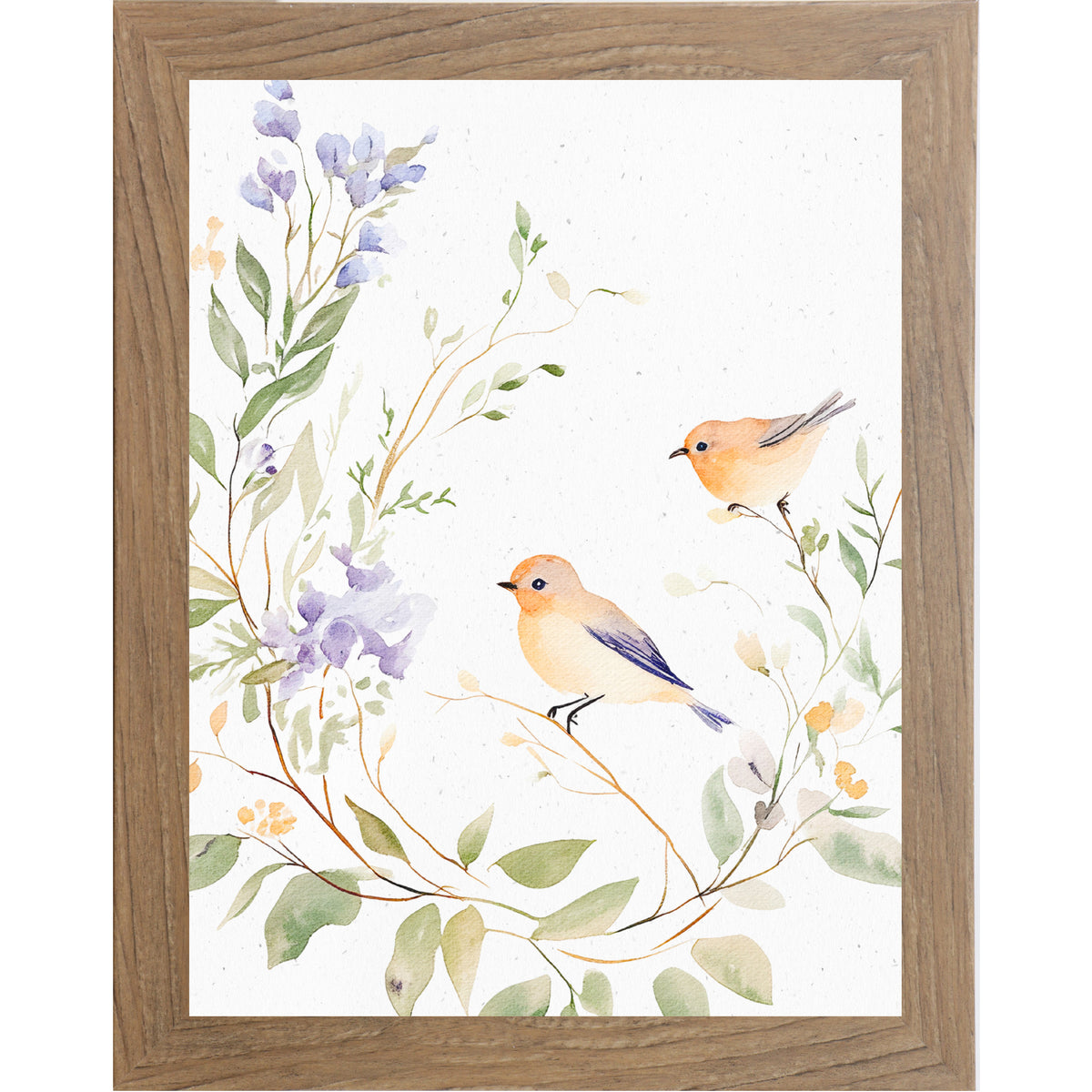 Farmtable color Framed watercolor wall art featuring two small birds perched on a floral branch with green leaves and soft lavender flowers on a neutral white background.