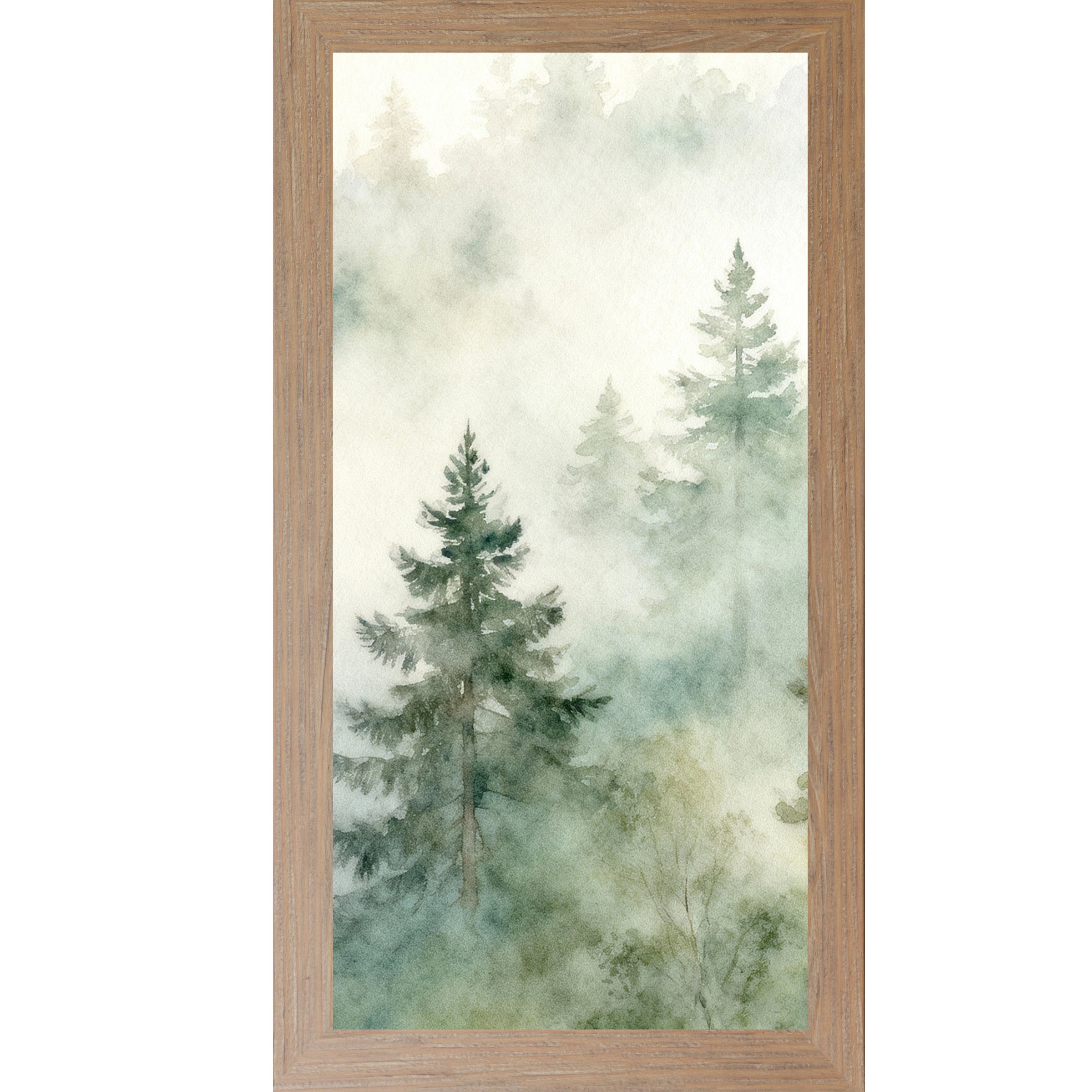 Misty Evergreen Forest – Vertical Watercolor Pine Tree Framed Wall Art | Calm Nature Decor (SB726)