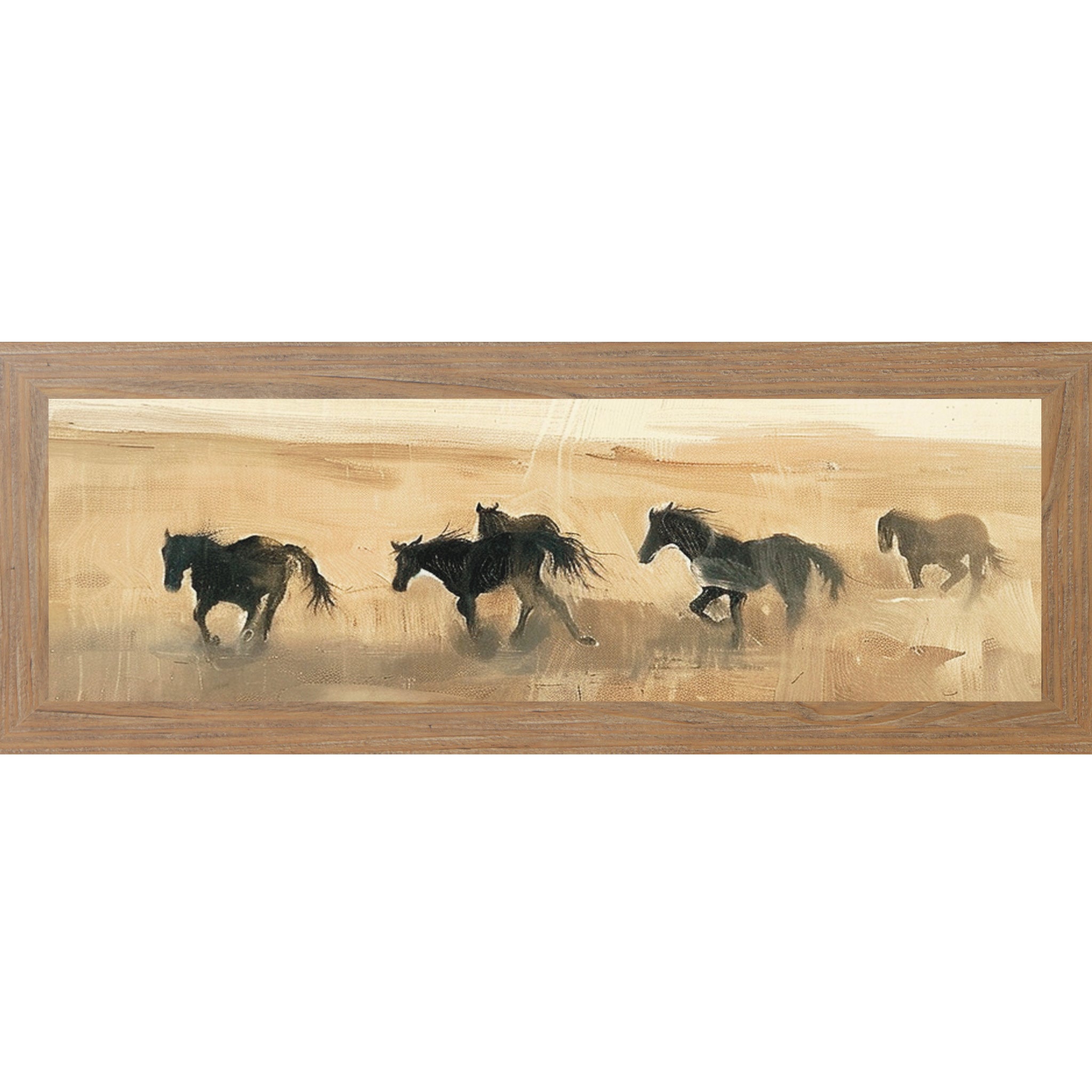 Wild Horses Running at Sunset – Wide Framed Horse Wall Art, Neutral Western Decor (ZS101) - Summer Snow Art