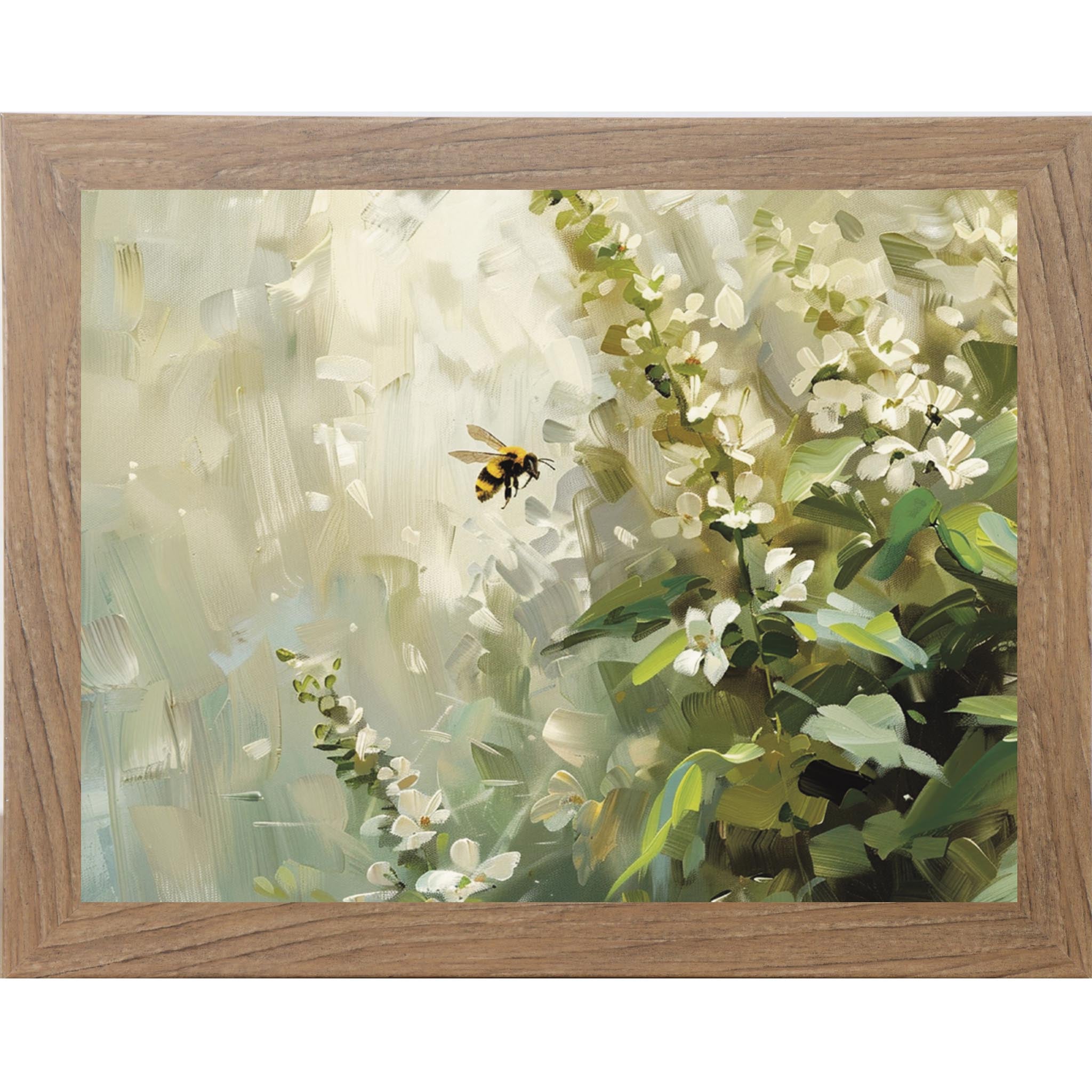Neutral Floral Bee Wall Art – Soft Botanical Spring Framed Decor (SB144) - Summer Snow Art