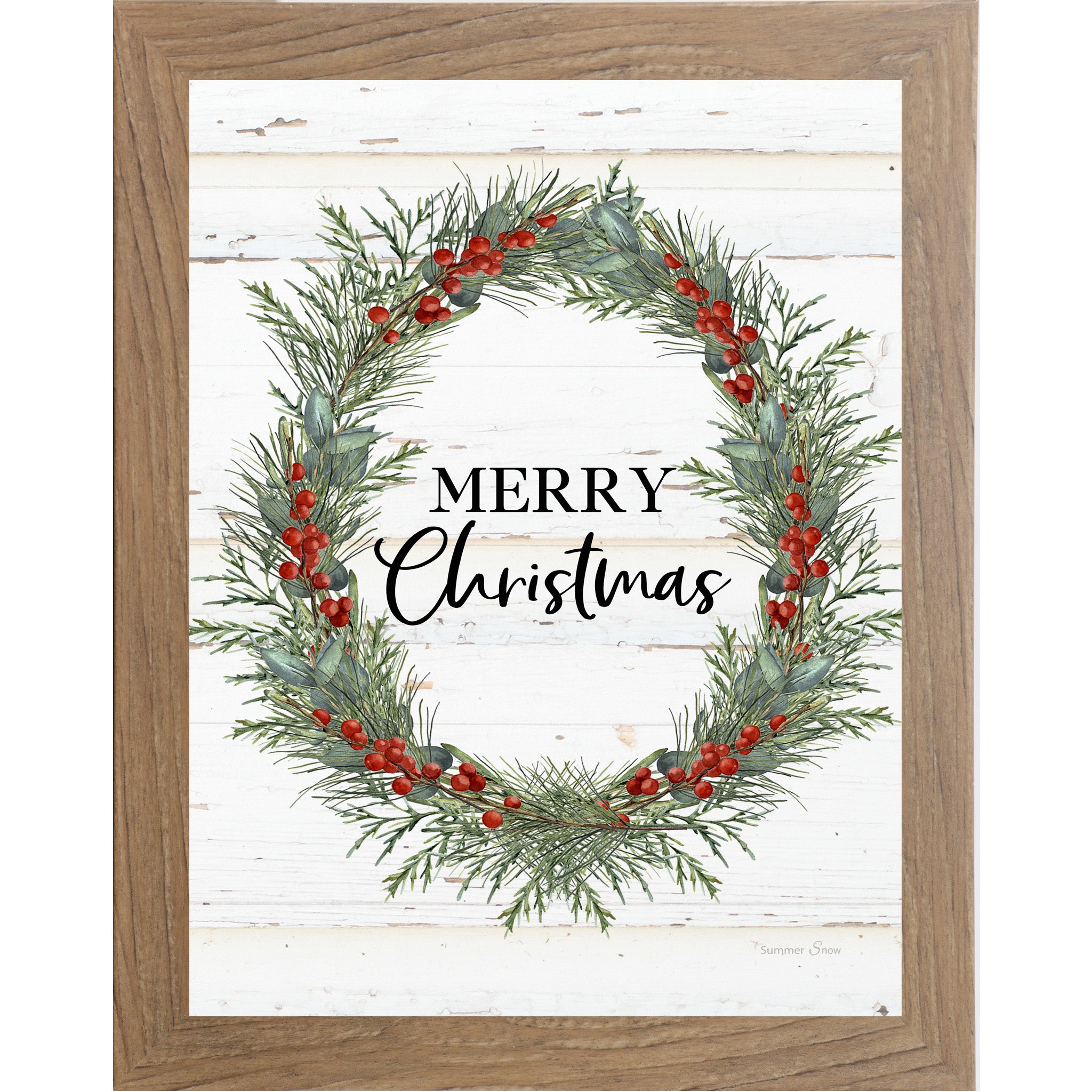 Merry Christmas Wreath Framed Wall Art – Vertical Christmas Decor with Green & Red Wreath | SS93