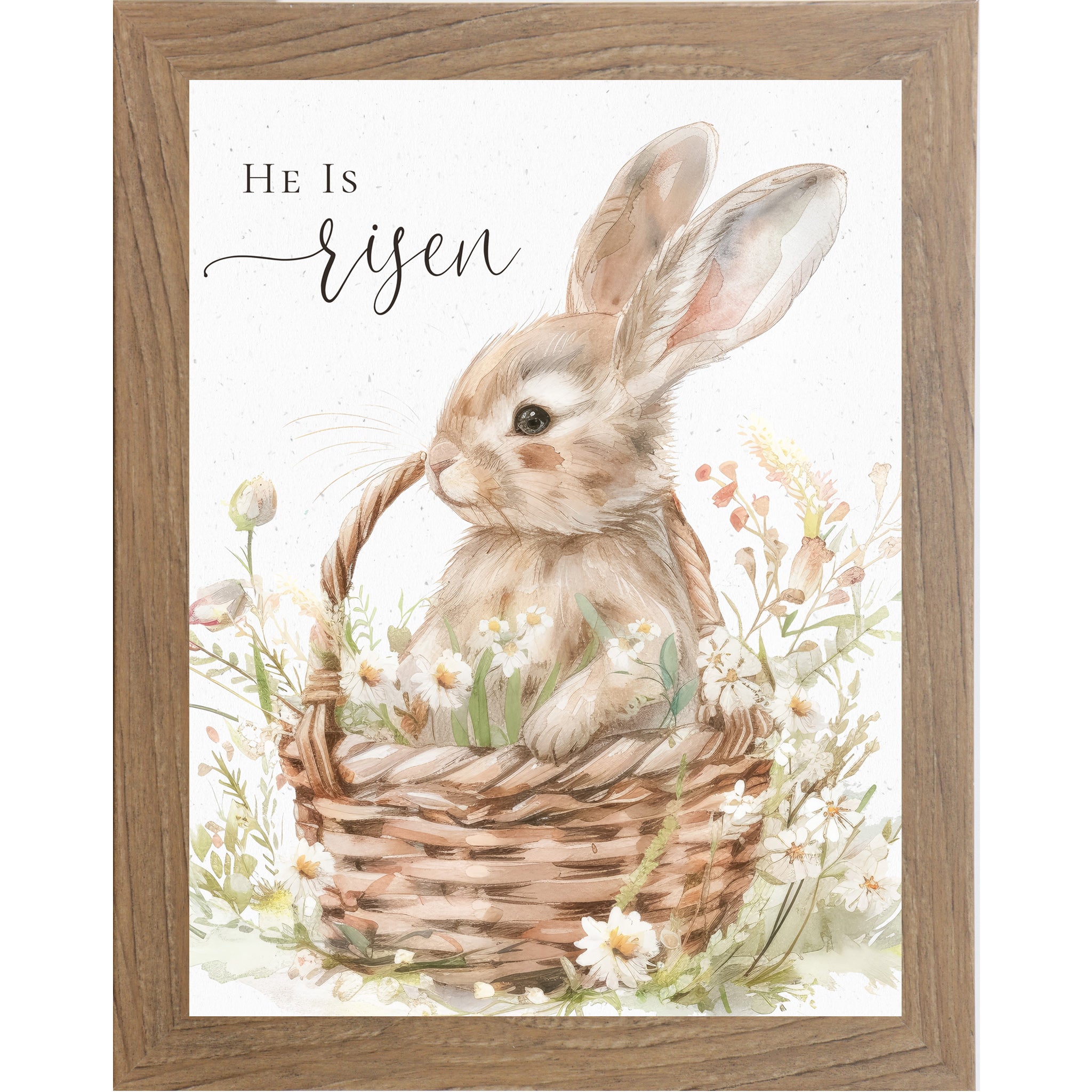 He Is Risen Easter Wall Art – Watercolor Bunny in Floral Basket, Christian Spring Decor (SB155)