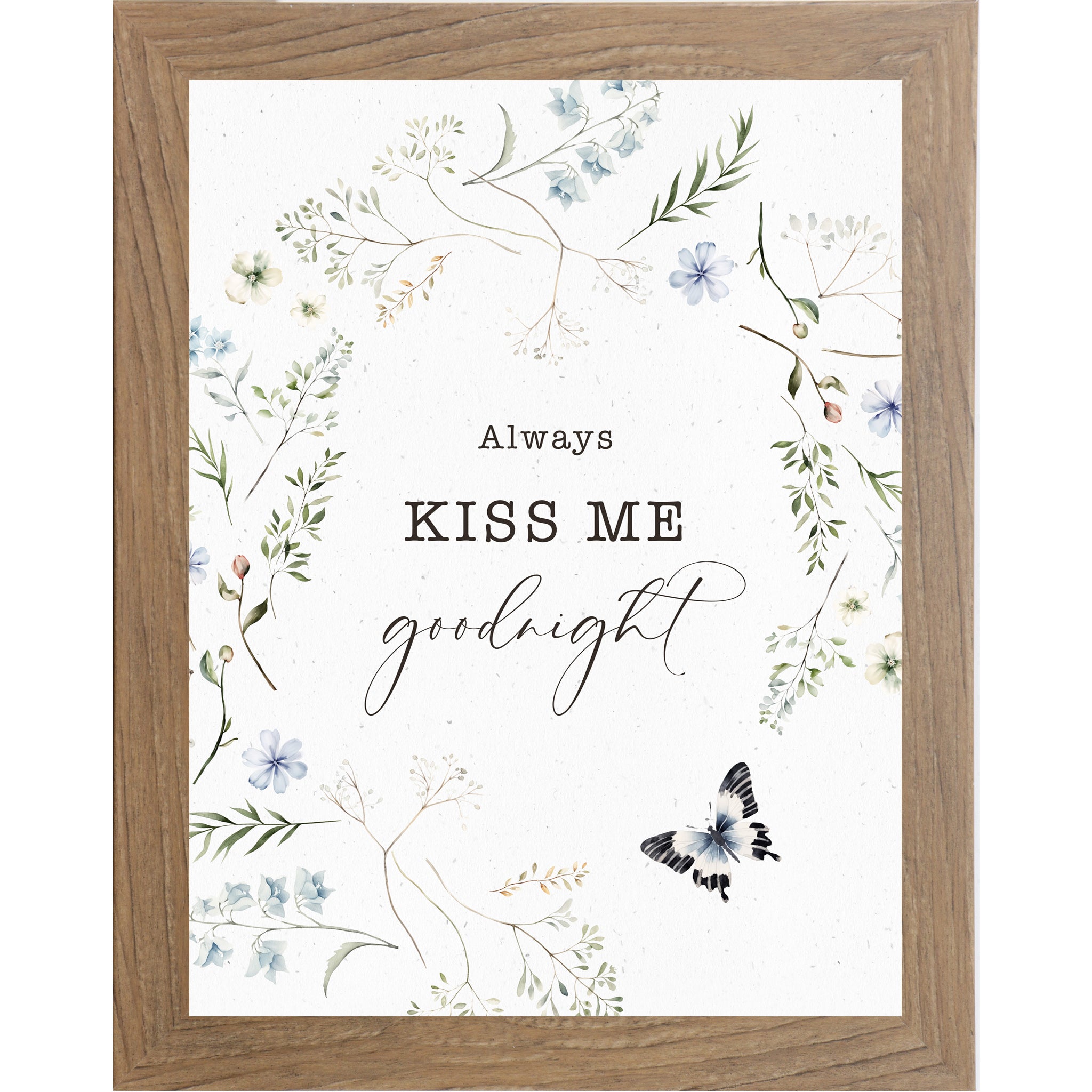 Always Kiss Me Goodnight – Romantic Floral Wreath Wall Art, Soft Neutral Bedroom Decor (SB148)