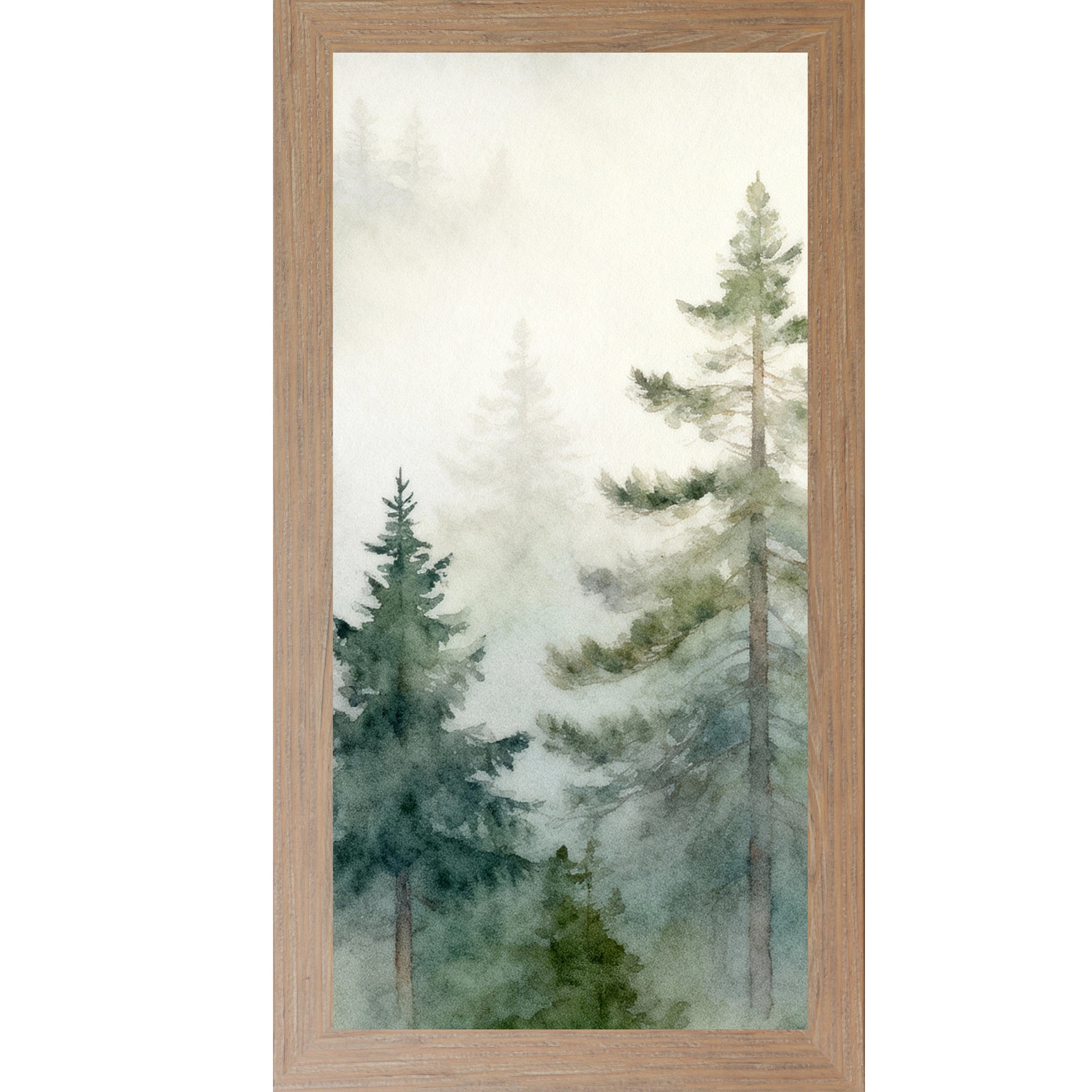 Misty Evergreen Forest – Vertical Watercolor Pine Tree Framed Wall Art | Serene Nature Decor (SB727)