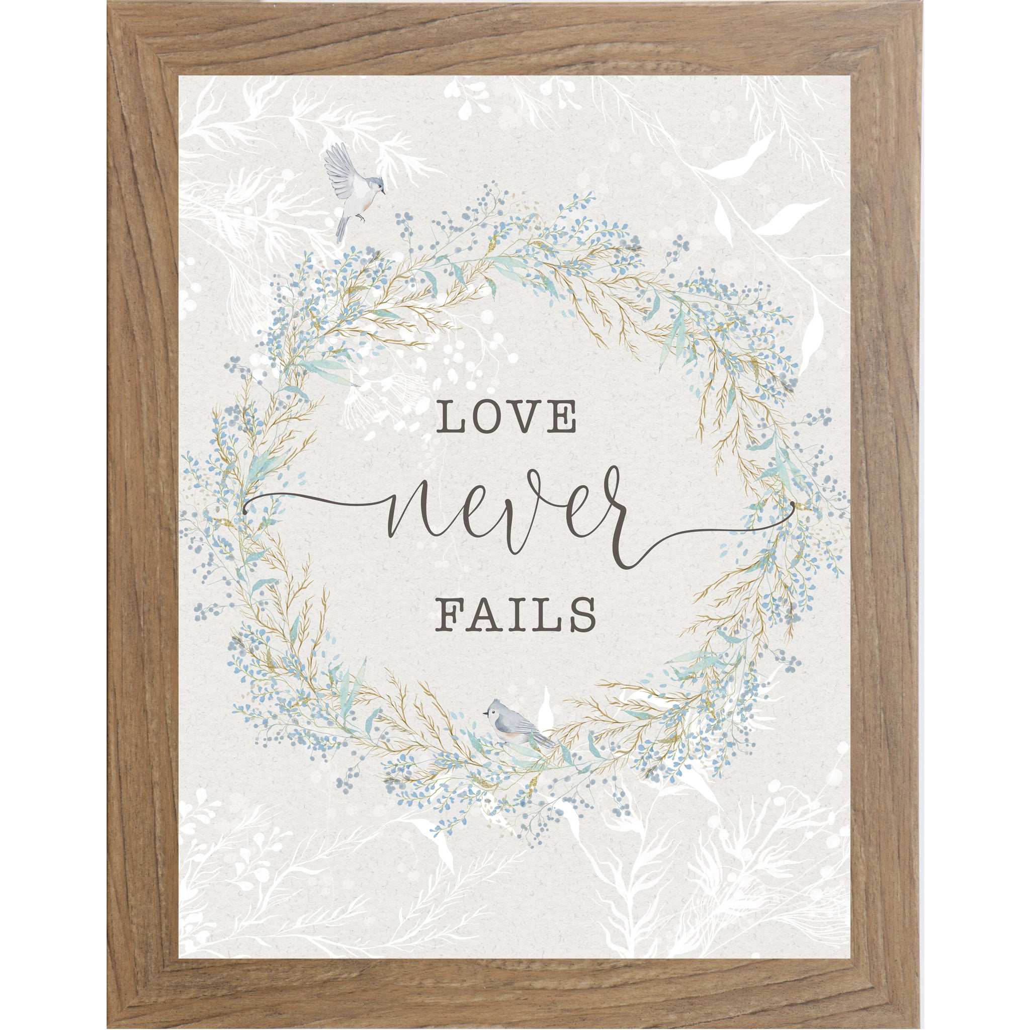 Love Never Fails Wall Art – Floral Wreath Scripture Decor, Soft Neutral Christian Art (SB150)