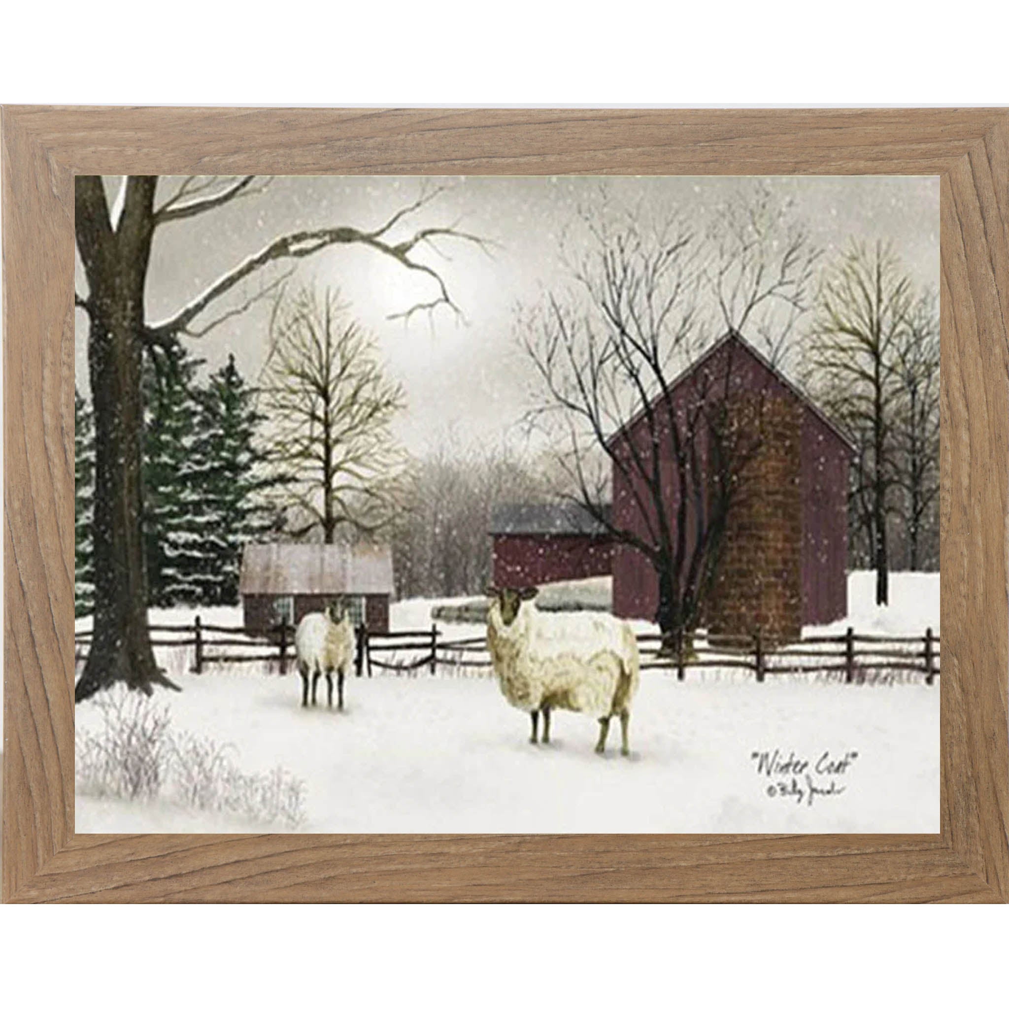 Winter Coat by Artist Billy Jacobs – Winter Farm Barn Framed Wall Art with Sheep (BJ185) - Summer Snow Art