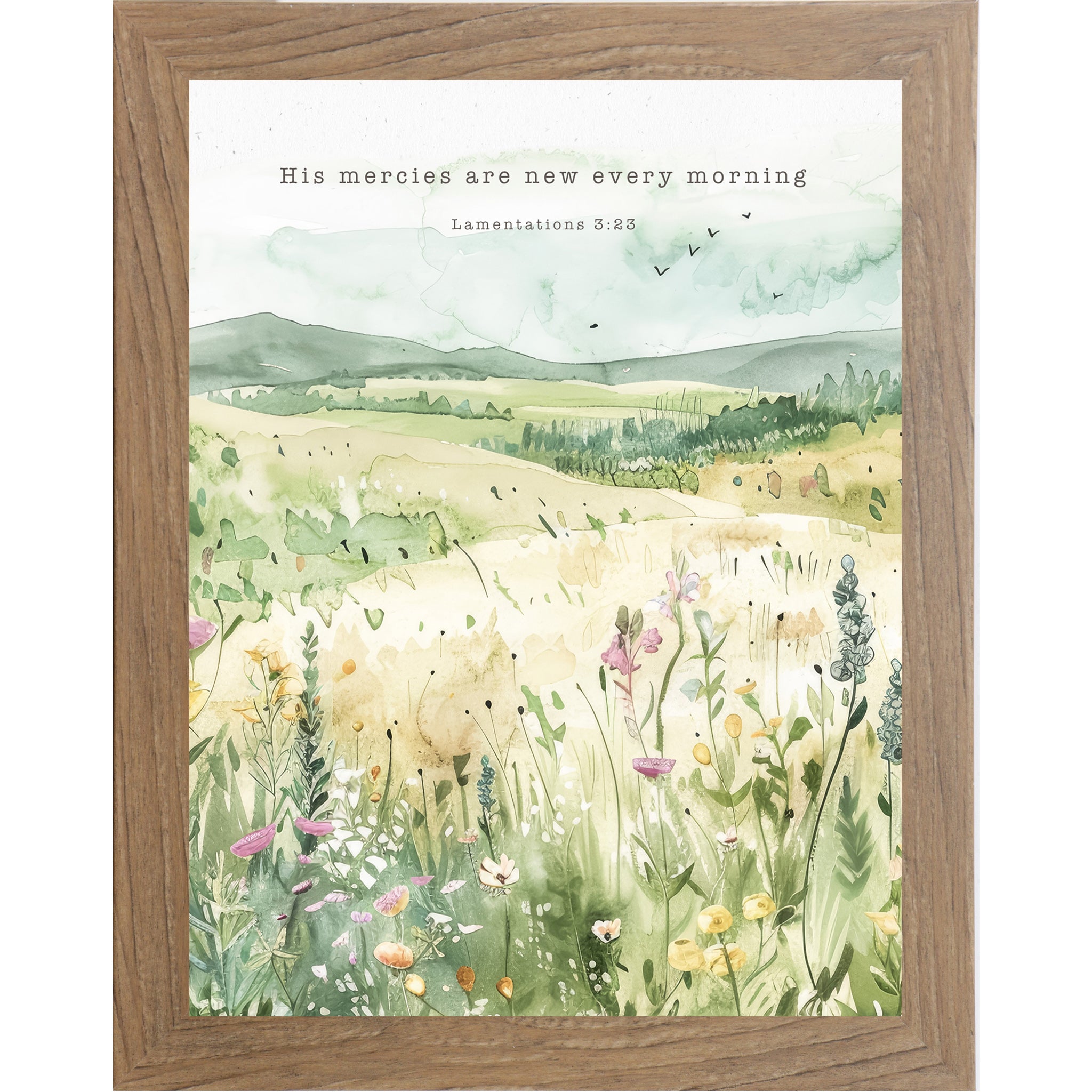 His Mercies Are New Every Morning Framed Wall Art – Lamentations 323 Watercolor Meadow (SB142)