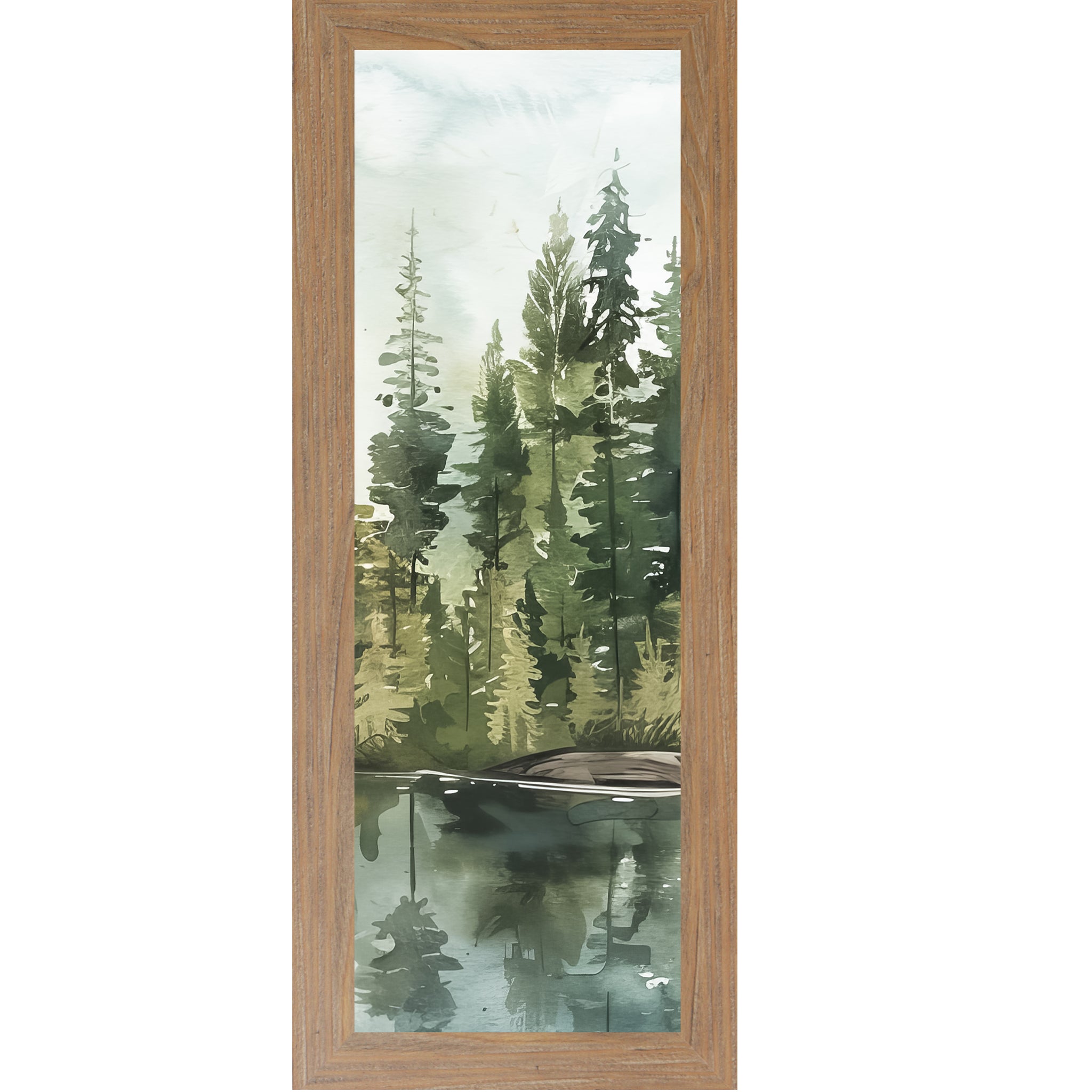 Misty Pine Lake Watercolor Wall Art – Vertical Forest Reflection Framed Art (SB901) - Summer Snow Art